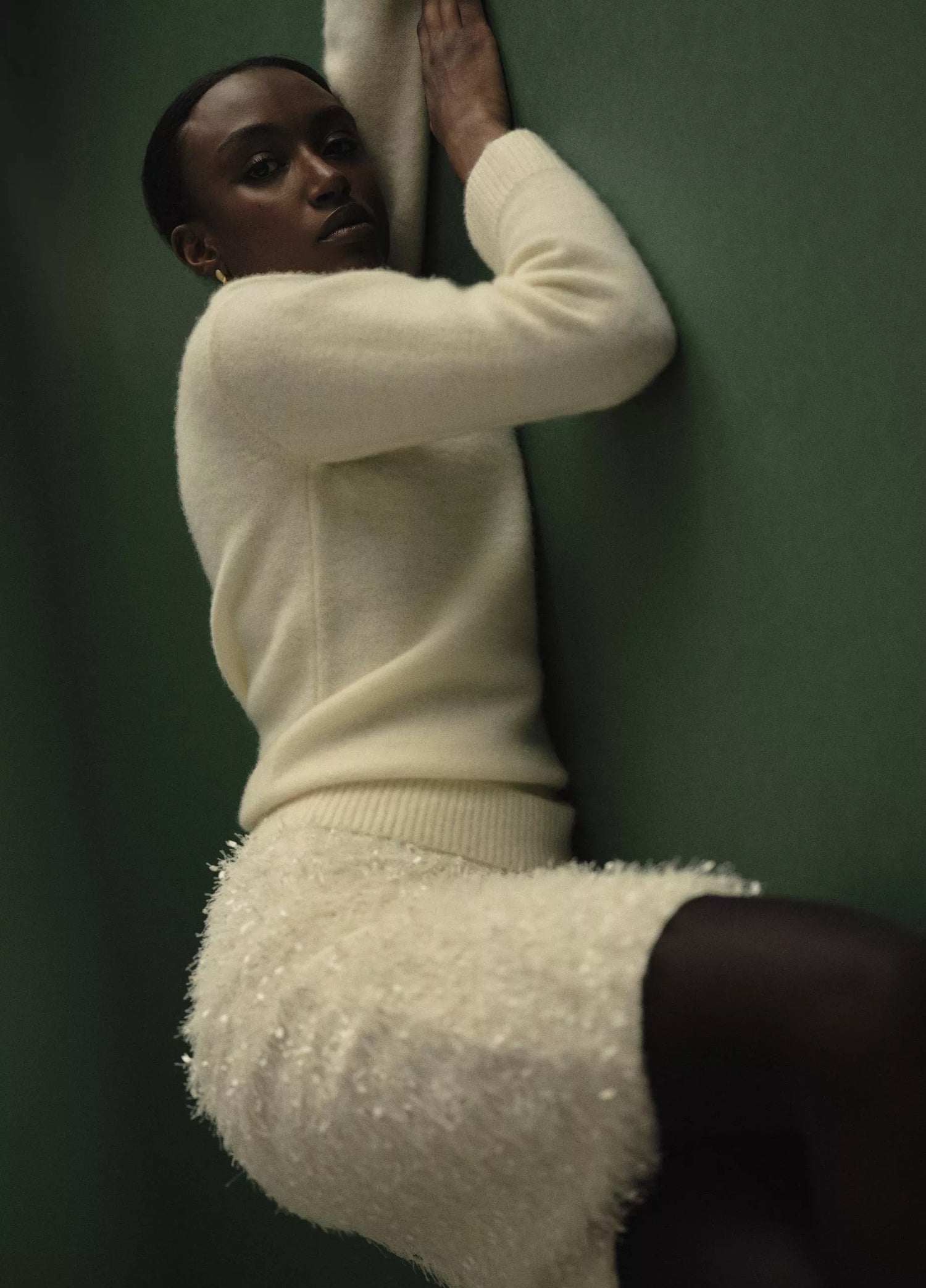 Feathery fringe above knee skirt, cream