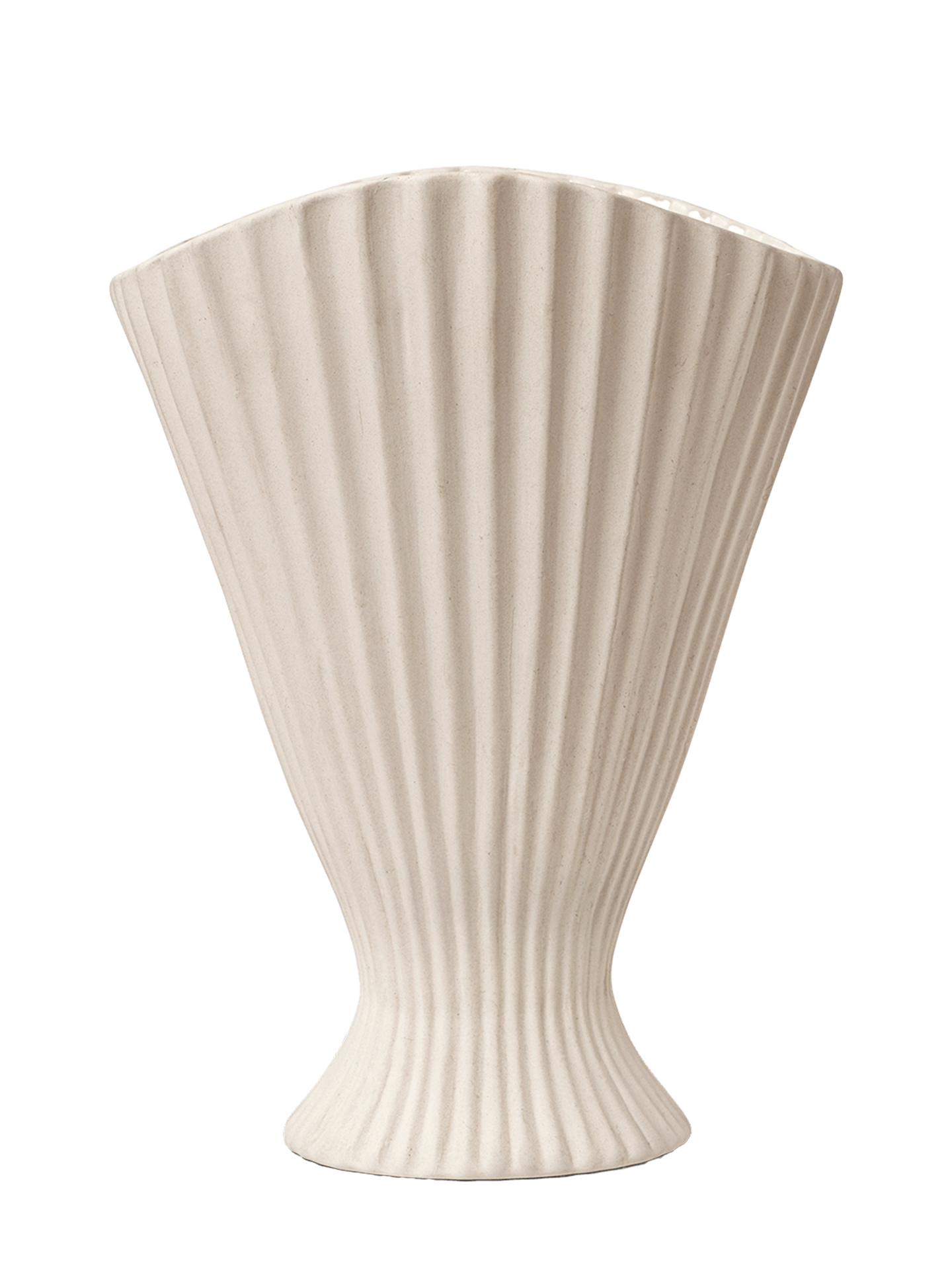 A beige, ceramic fountain vase with a matte exterior and clear glaze on the inside, featuring a pleated, fan-like shape.