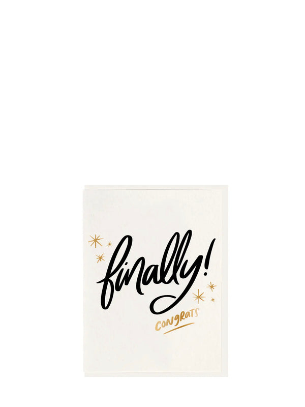 Text 'finally! congrats!' on a white background