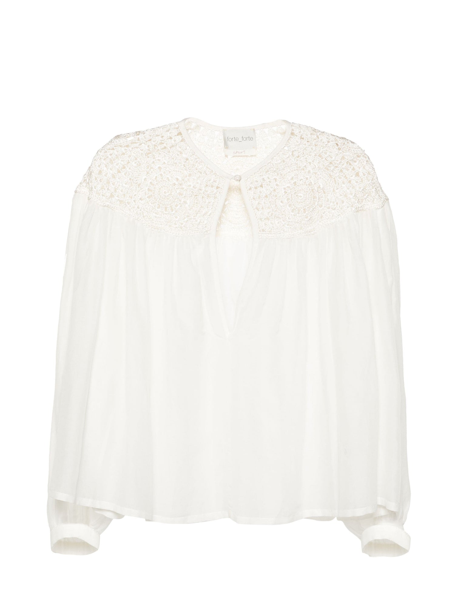 Cotton silk voile bohemian shirt crochet details, avorio