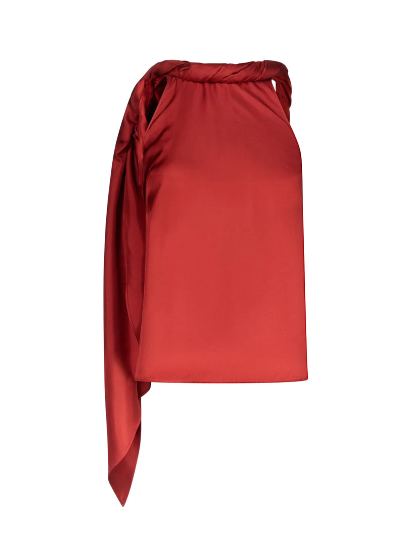 Red top with a knot detail on a light gray background