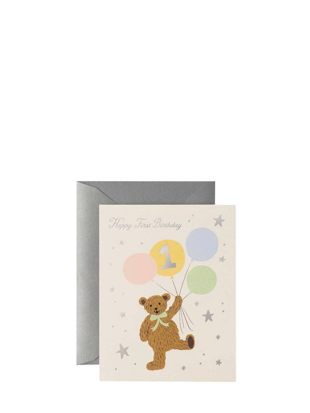 Birthday card with a bear holding balloons and a gray envelope on a white background