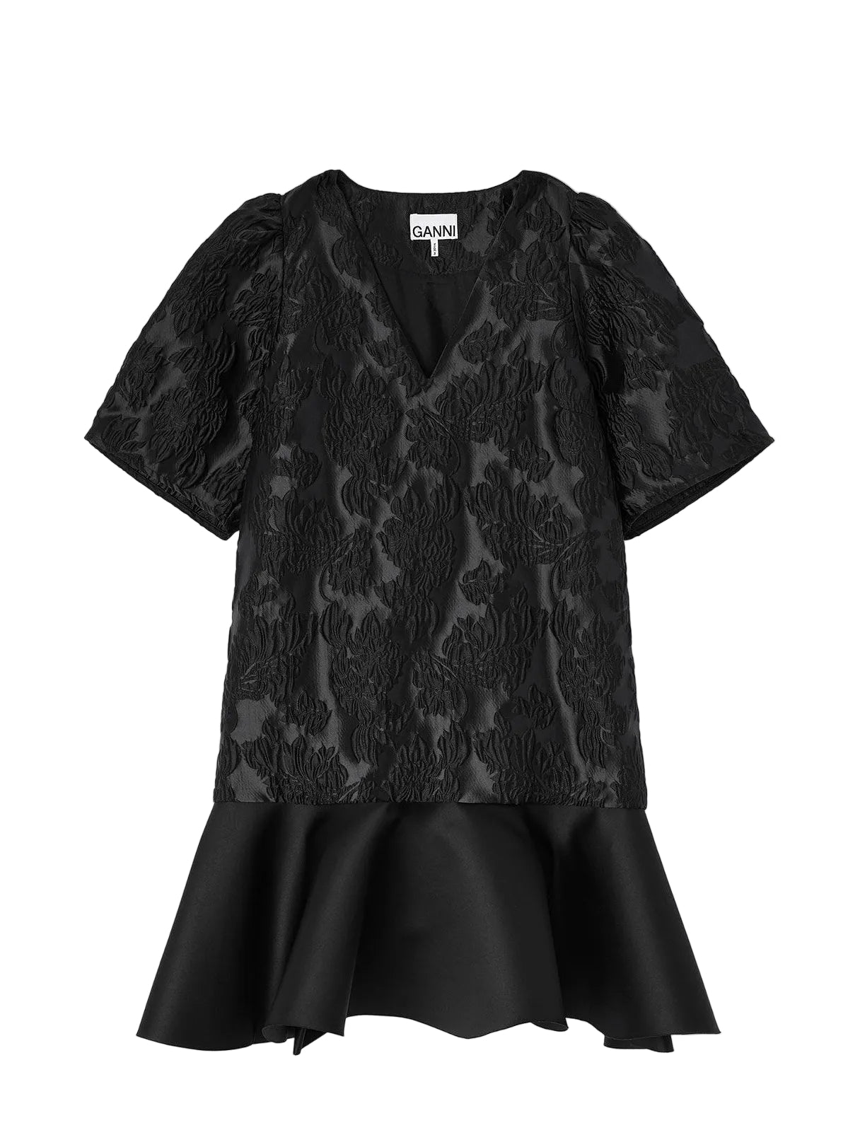 Black lace dress with puff sleeves on a white background