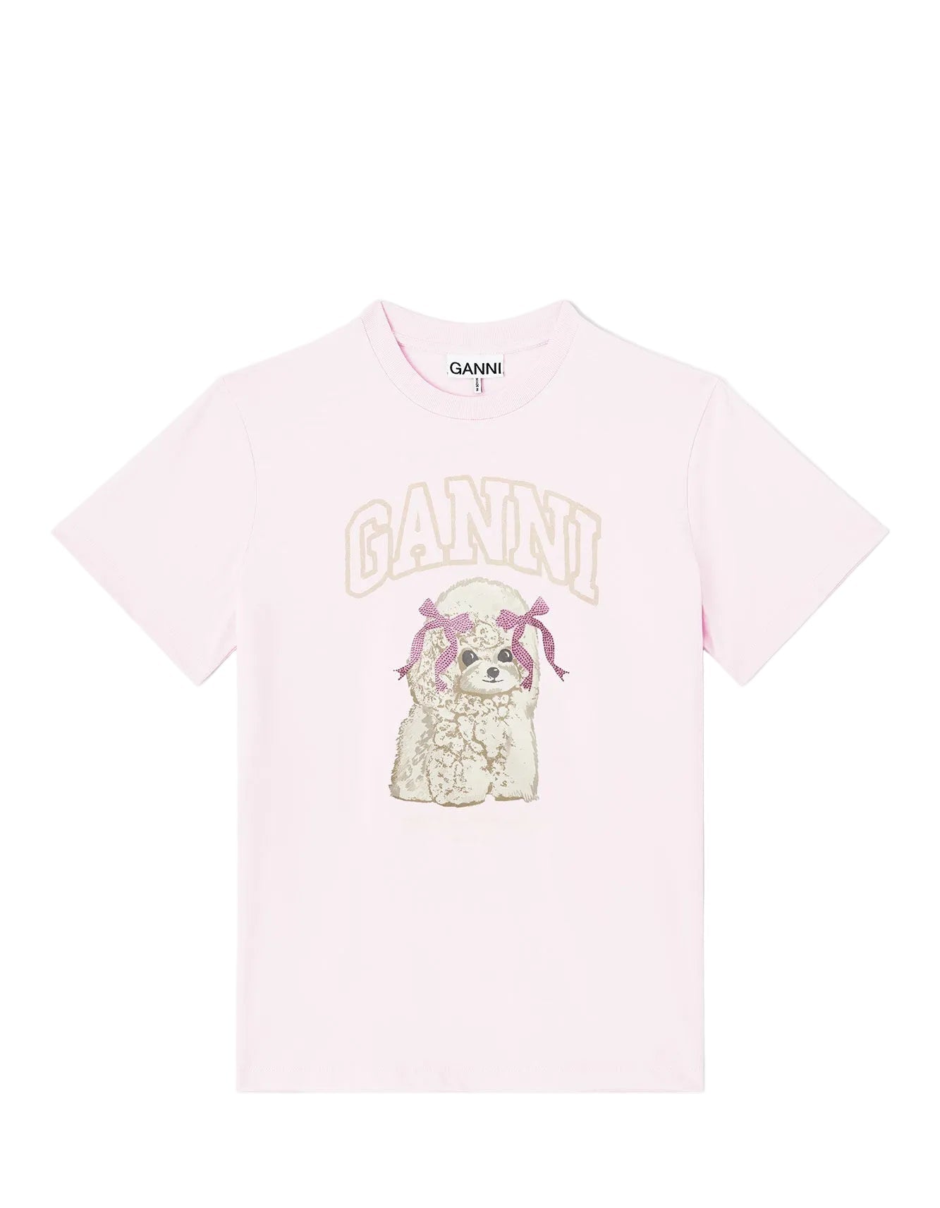 Pink t-shirt with dog graphic and 'Ganni' branding on a white background