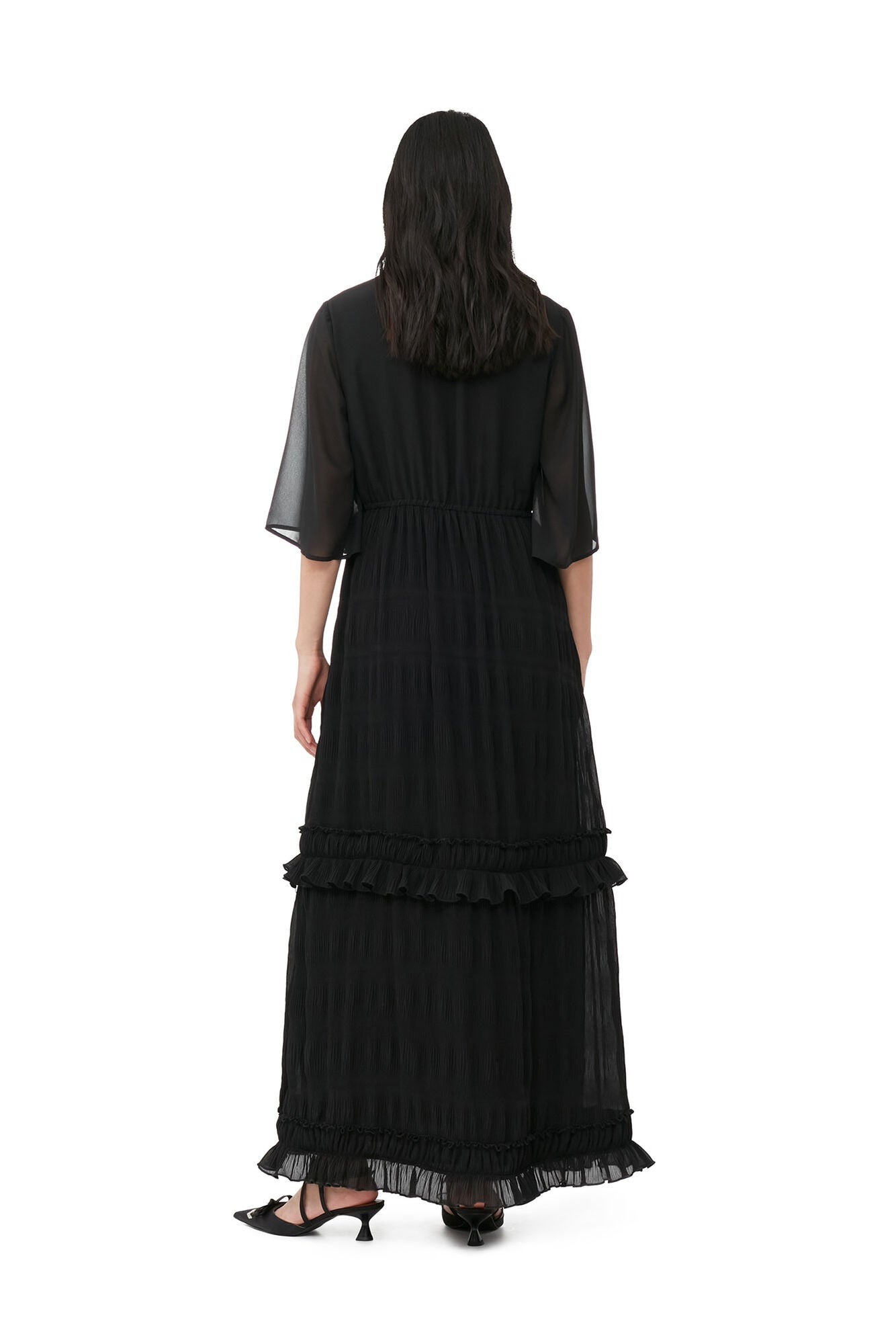 Pleated Georgette V-neck Maxi Dress, black