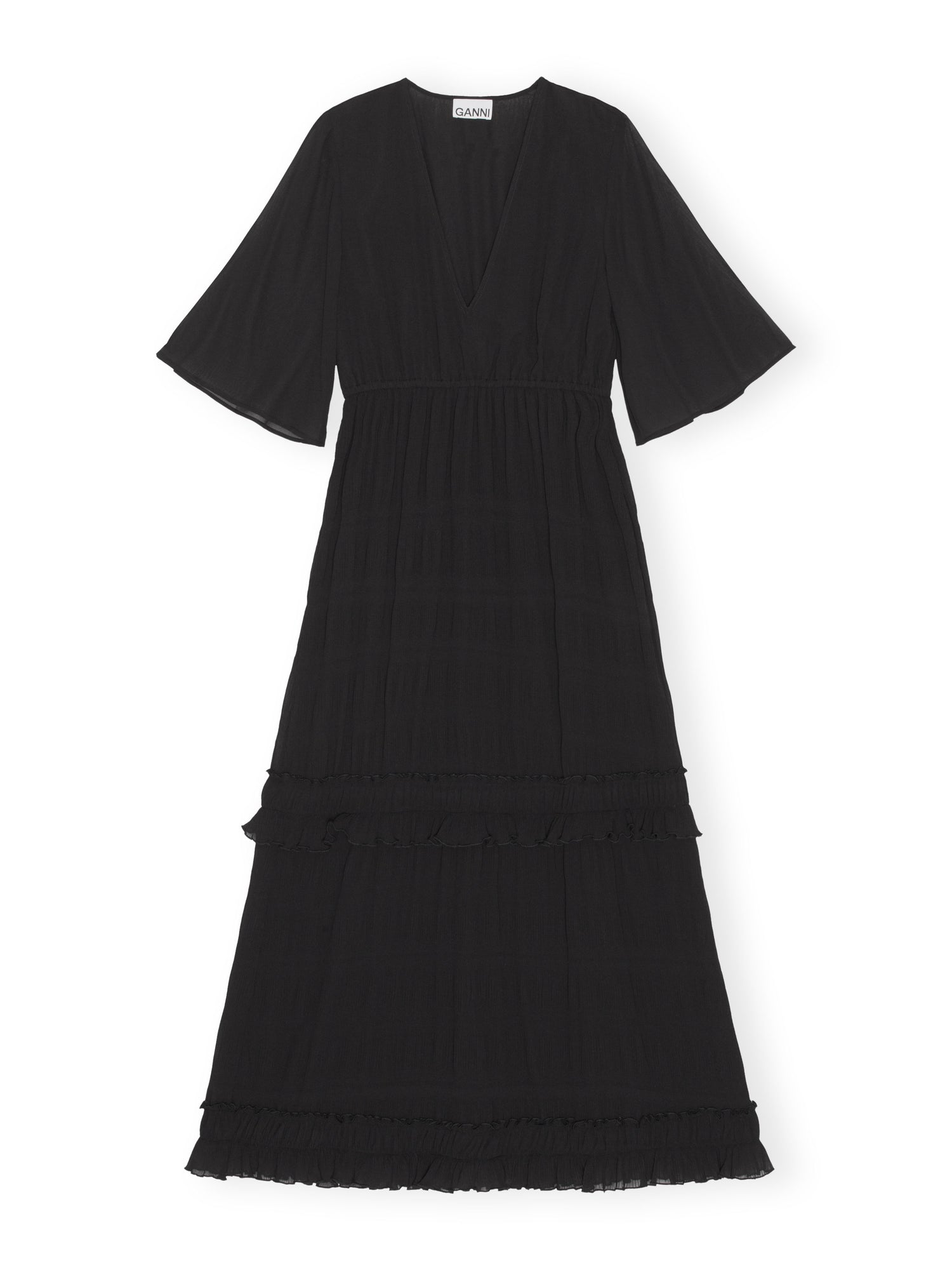 Pleated Georgette V-neck Maxi Dress, black