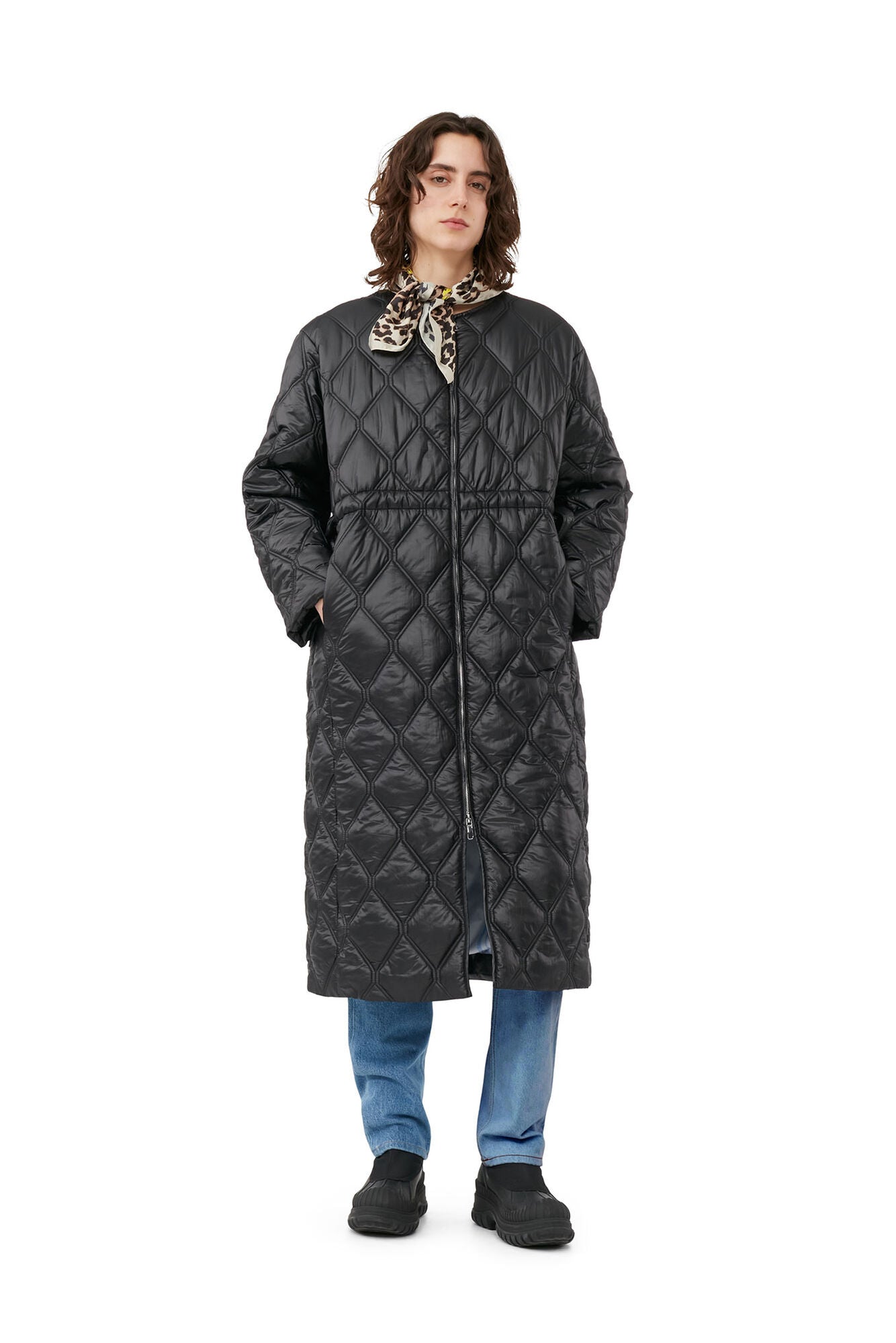 Shiny Quilt Long Coat, black