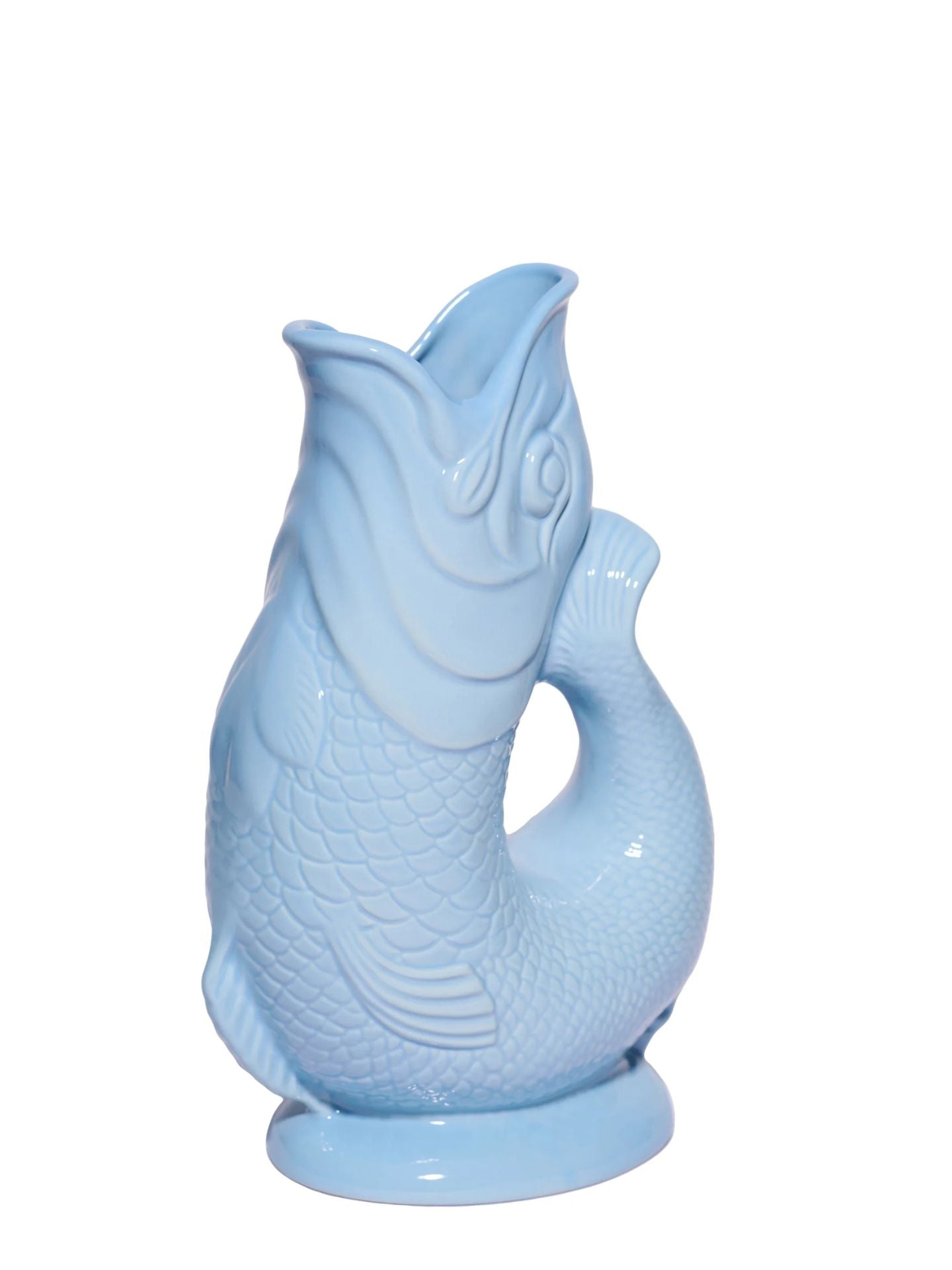Blue ceramic fish-shaped vase on a white background