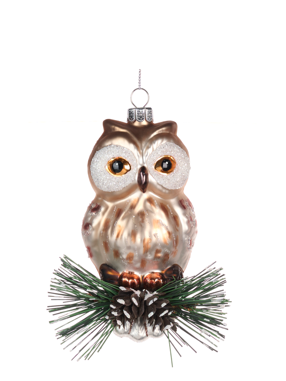 Owl on pine glass ornament (12cm)