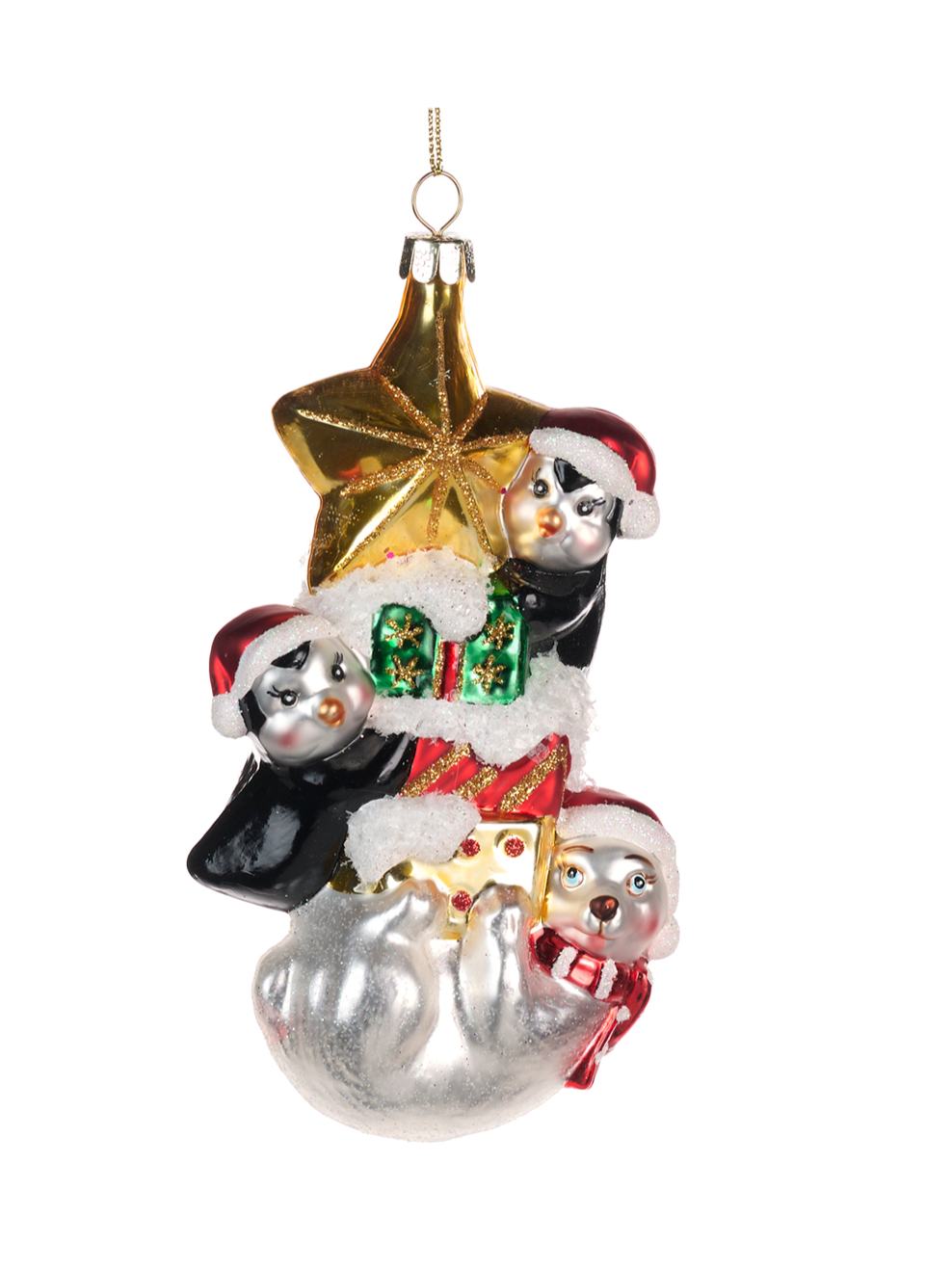 Penguins & Polar Bear Stack Glass Ornament, Black/White