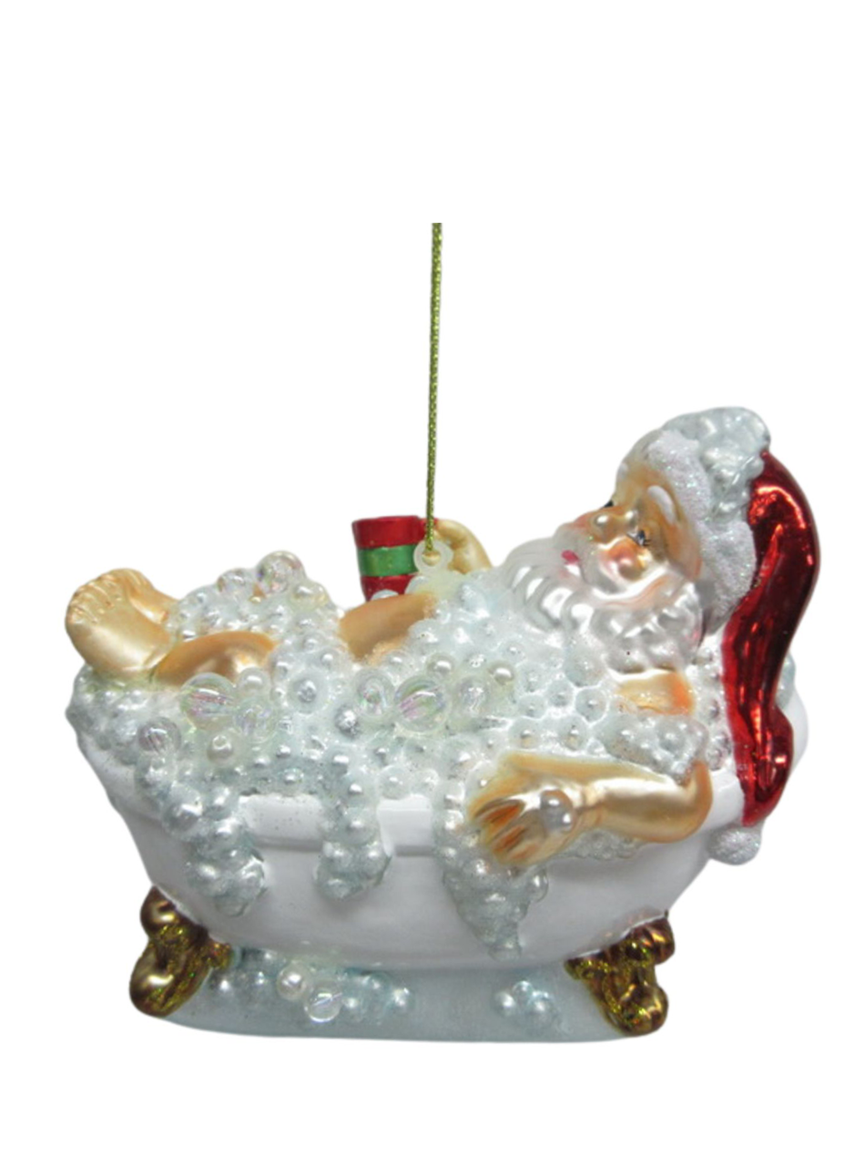 Santa in bathtub glass ornament, white and red (12cm)