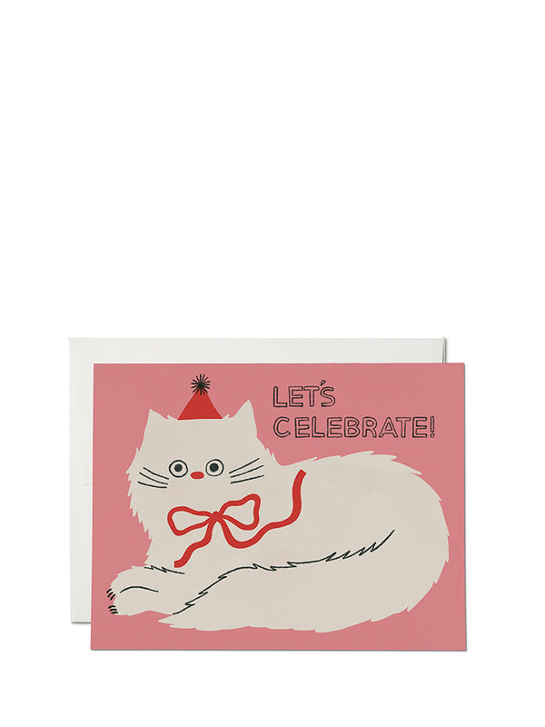 Greeting card with a cat wearing a party hat and bow, and 'Let's Celebrate!' text on a pink background.