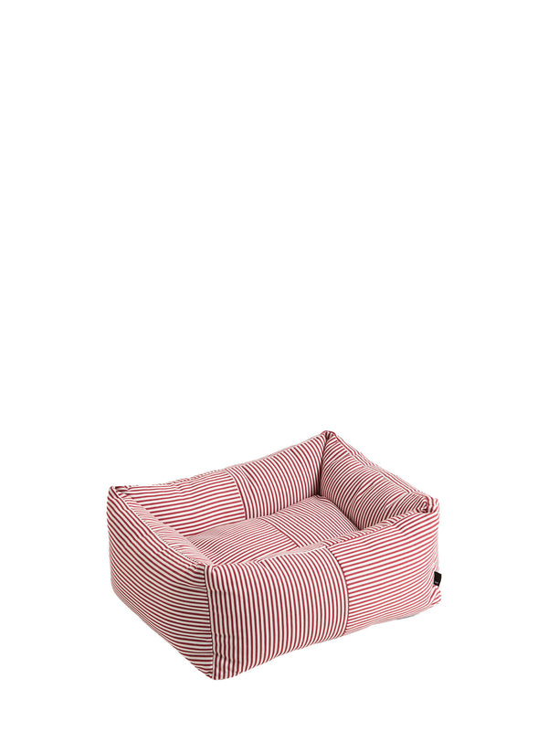 A rectangular dog bed with a pink and white striped fabric, shown on a plain white background.