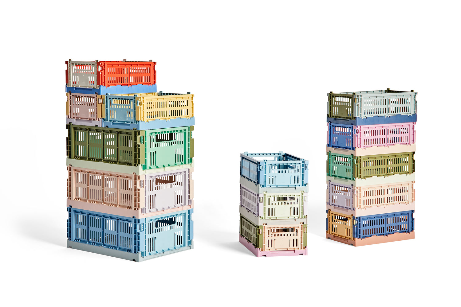 The Colour Crate Mix in sizes Medium and Small stack together so that on top of the Medium you can stack 2 Small crates side by side.