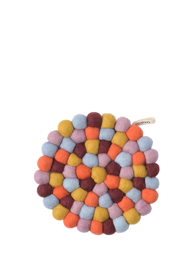 Round felted wool trivet, festive multi