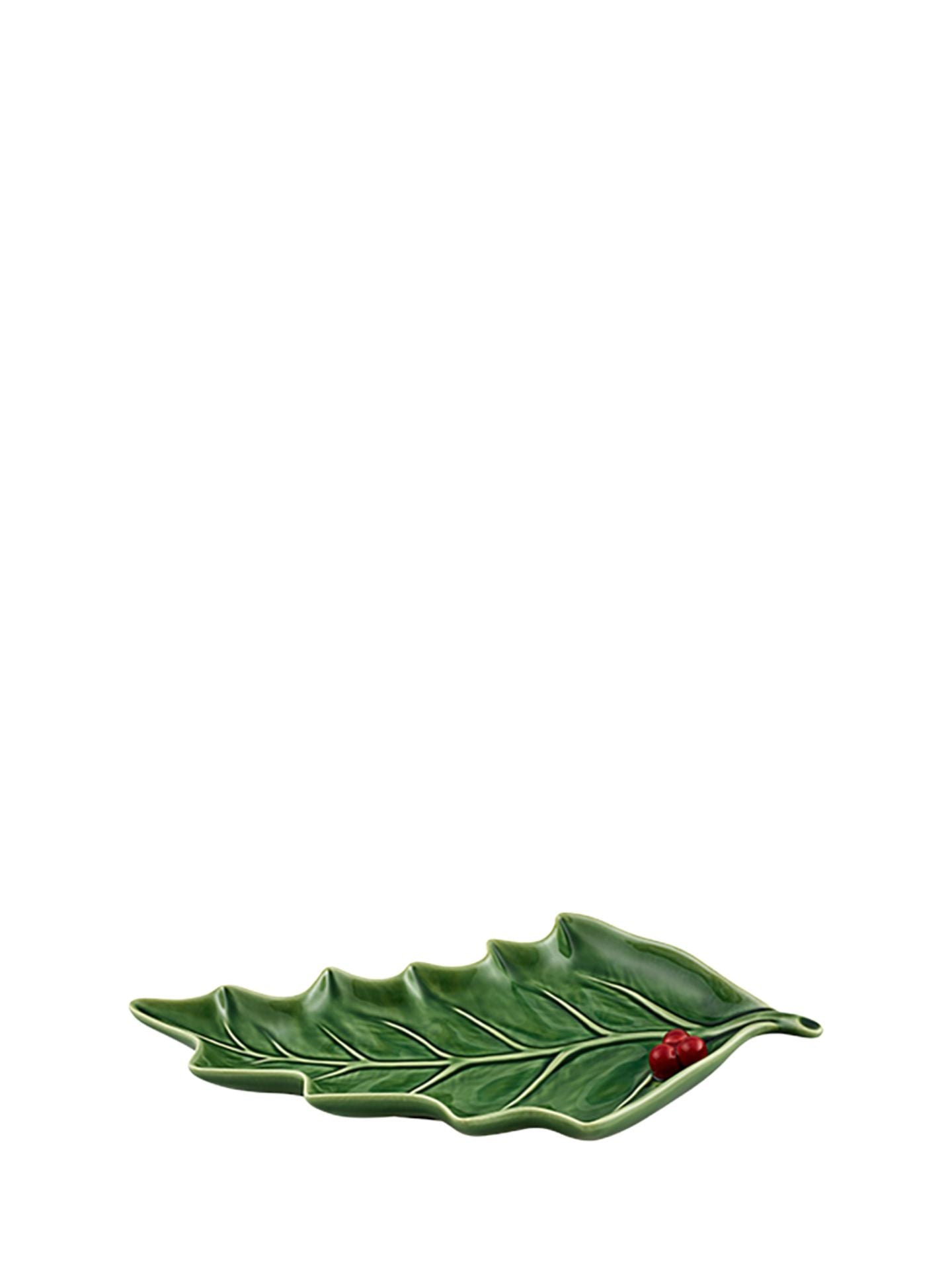 Green leaf-shaped ceramic plate with a red berry on a white background