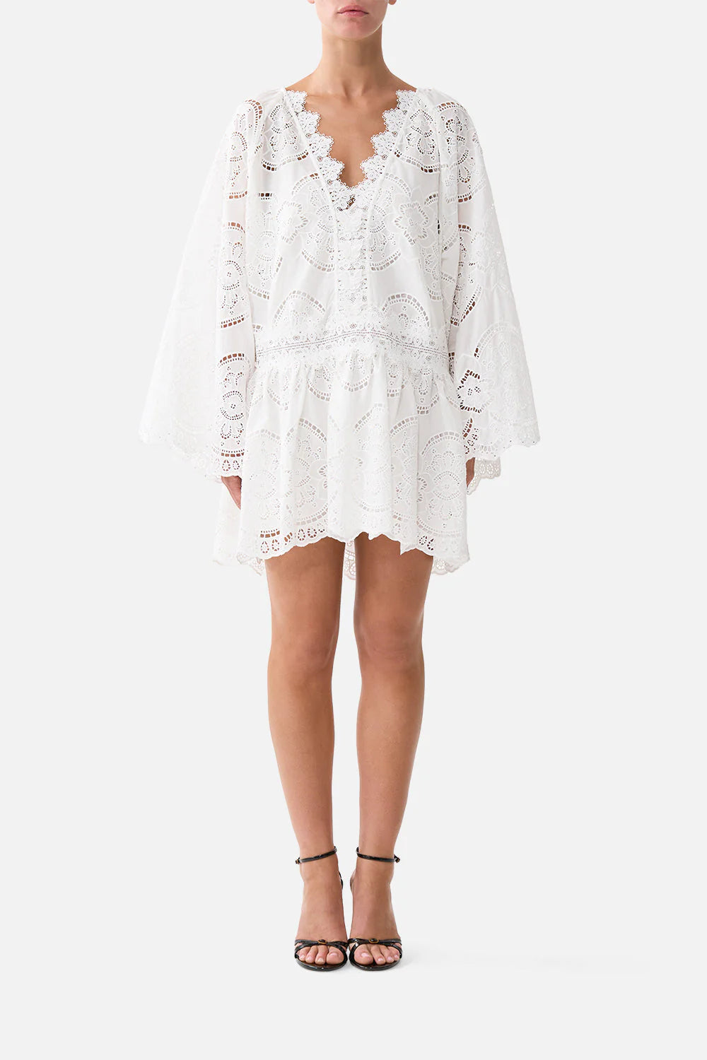 Tiled wonderland relaxed lace dropped waist short dress, white