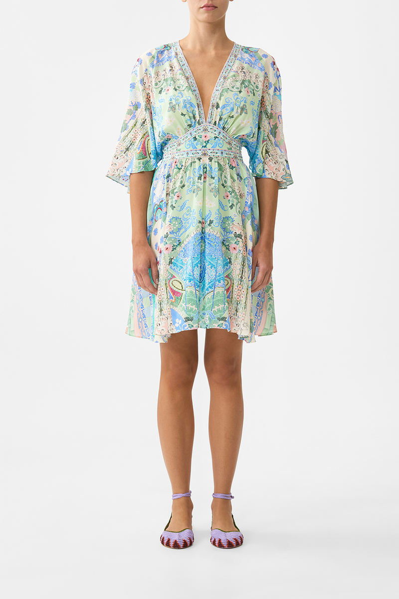 Midsummer mosaics short waisted dress, green-turquoise print
