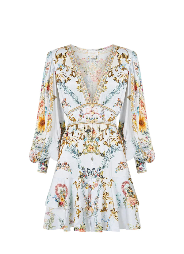 Seville sweetheart button front frill dress, light blue-multicolour