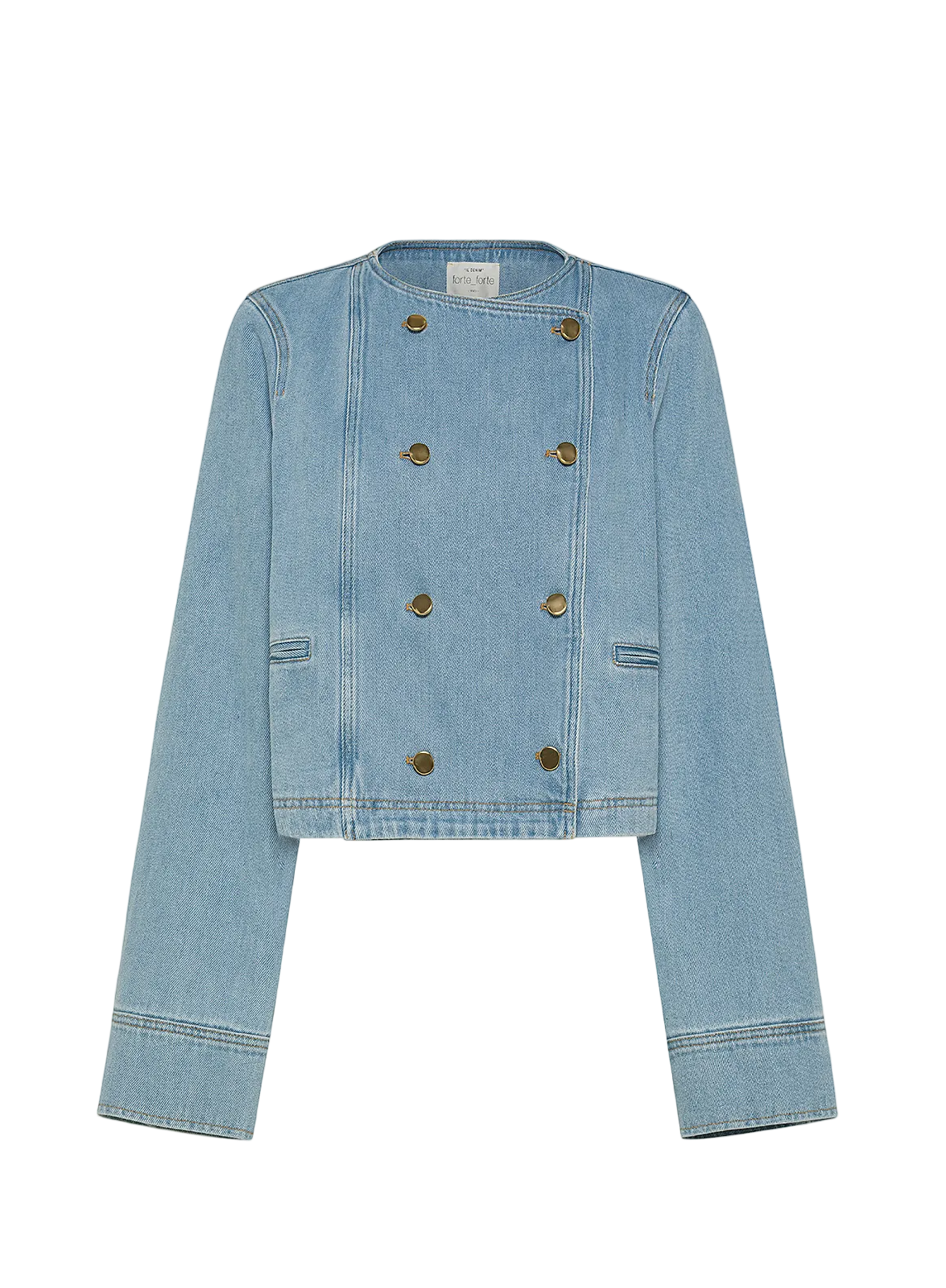 Light blue denim jacket with gold buttons on a white background