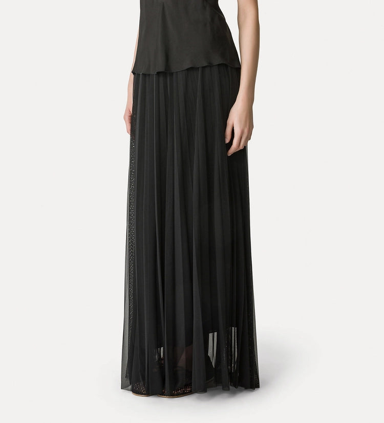 Tulle plissé long skirt with underskirt, black