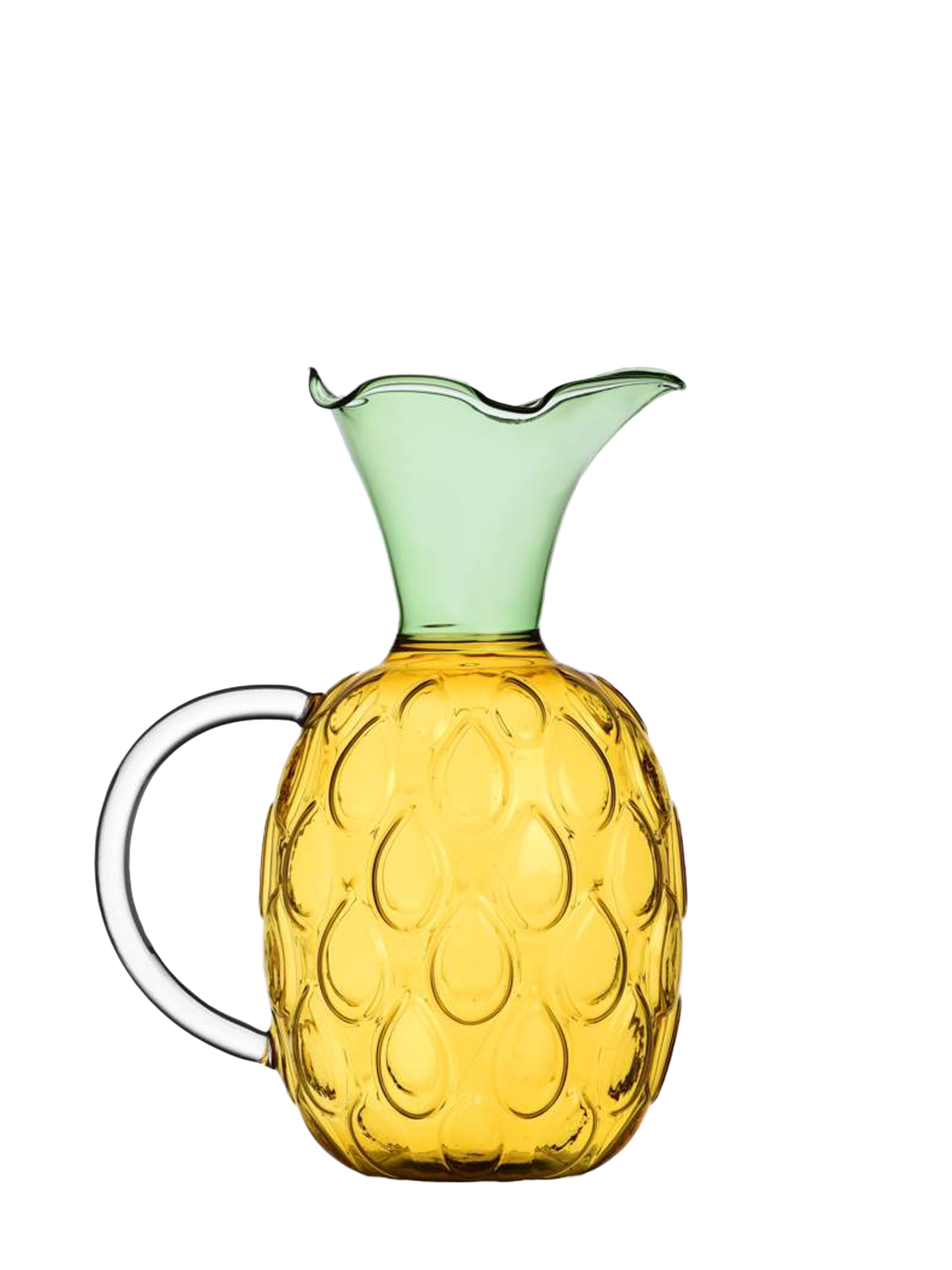 A handblown glass water jug designed in the shape of a pineapple, with a green top and yellow body, by Alessandra Baldereschi.