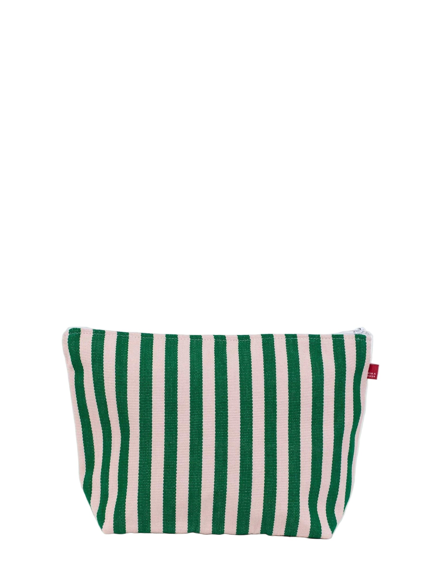 Green and white striped pouch on a white background