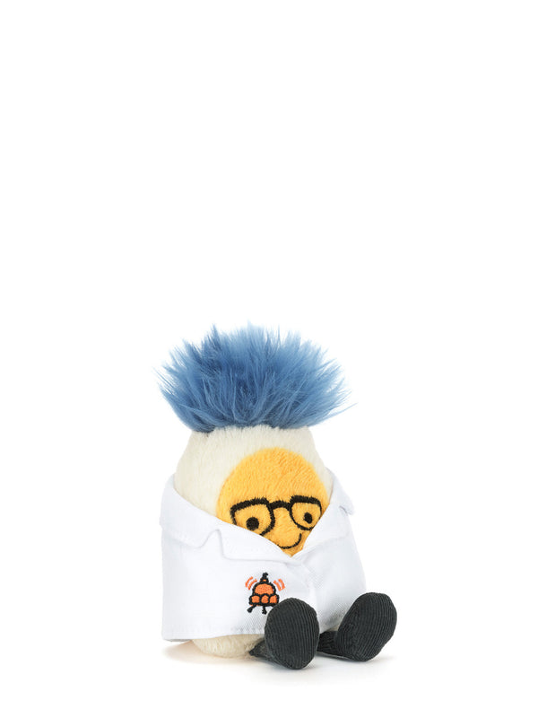 Plush toy egg with blue hair and glasses on a white background