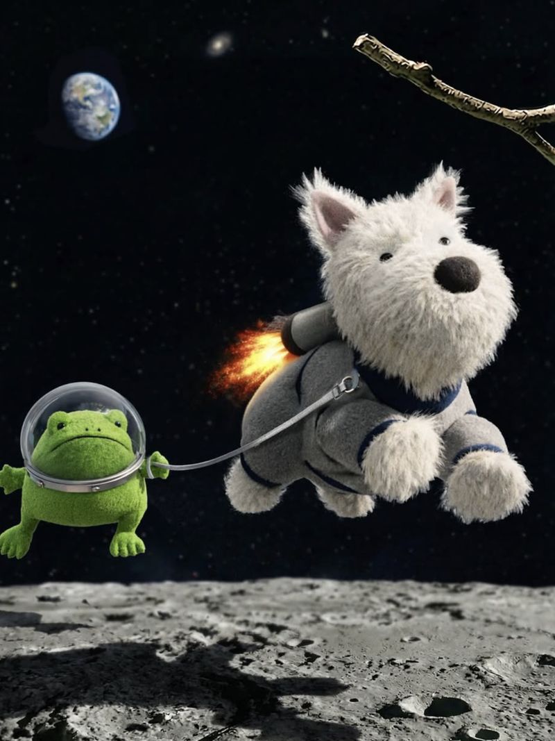 Stuffed dog and frog in space with Earth in the background