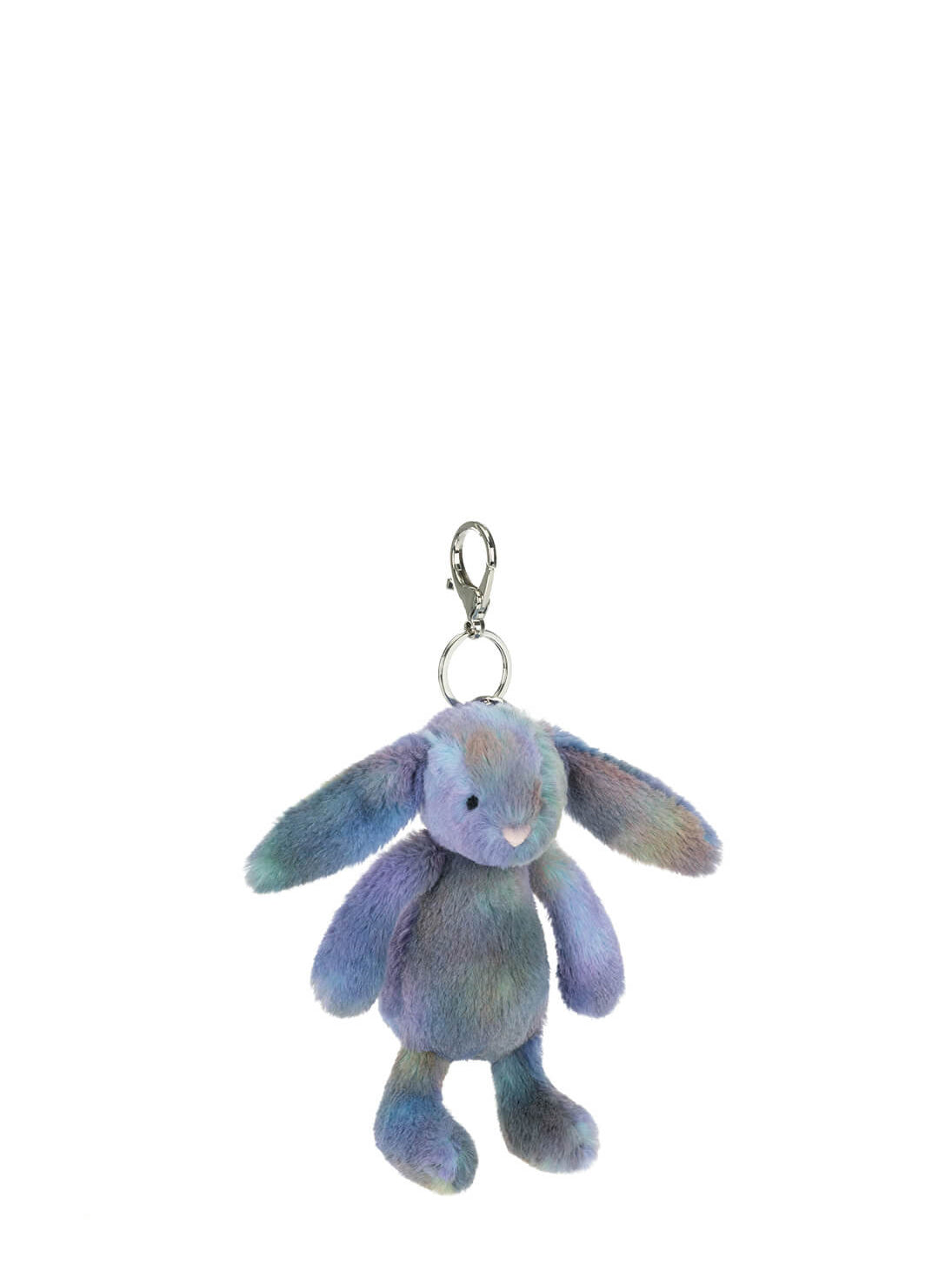 Plush bunny keychain with a tag on a white background