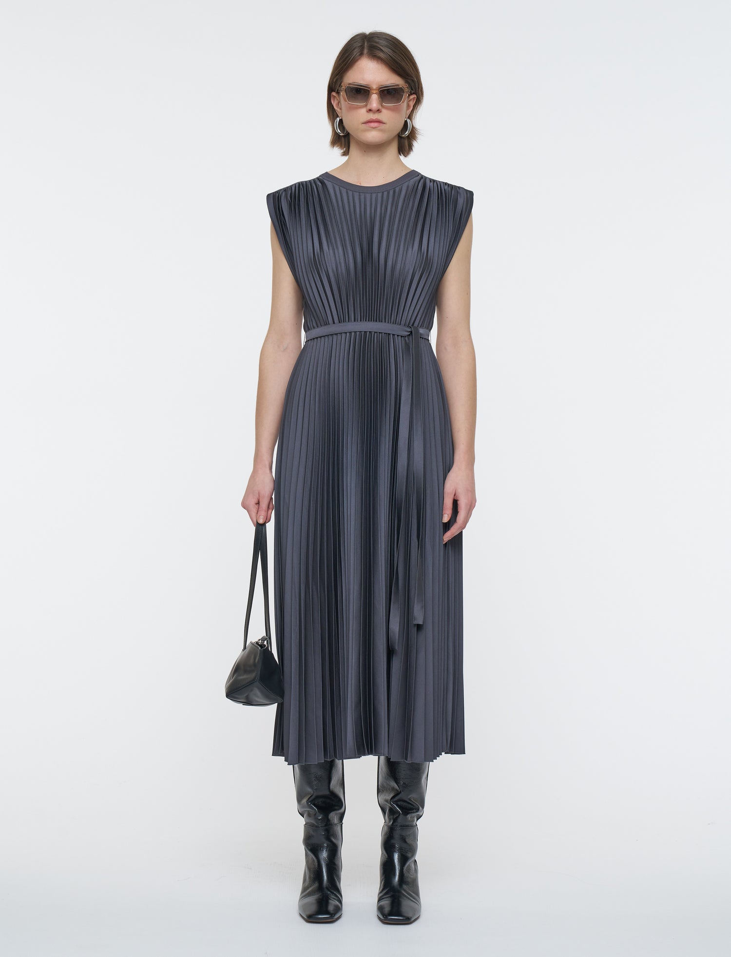 Volta knit weave plissé dress, smoke grey