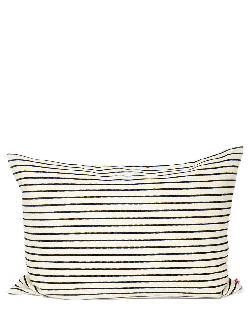 A rectangular cushion cover with a striped pattern in shades of ivory and black.