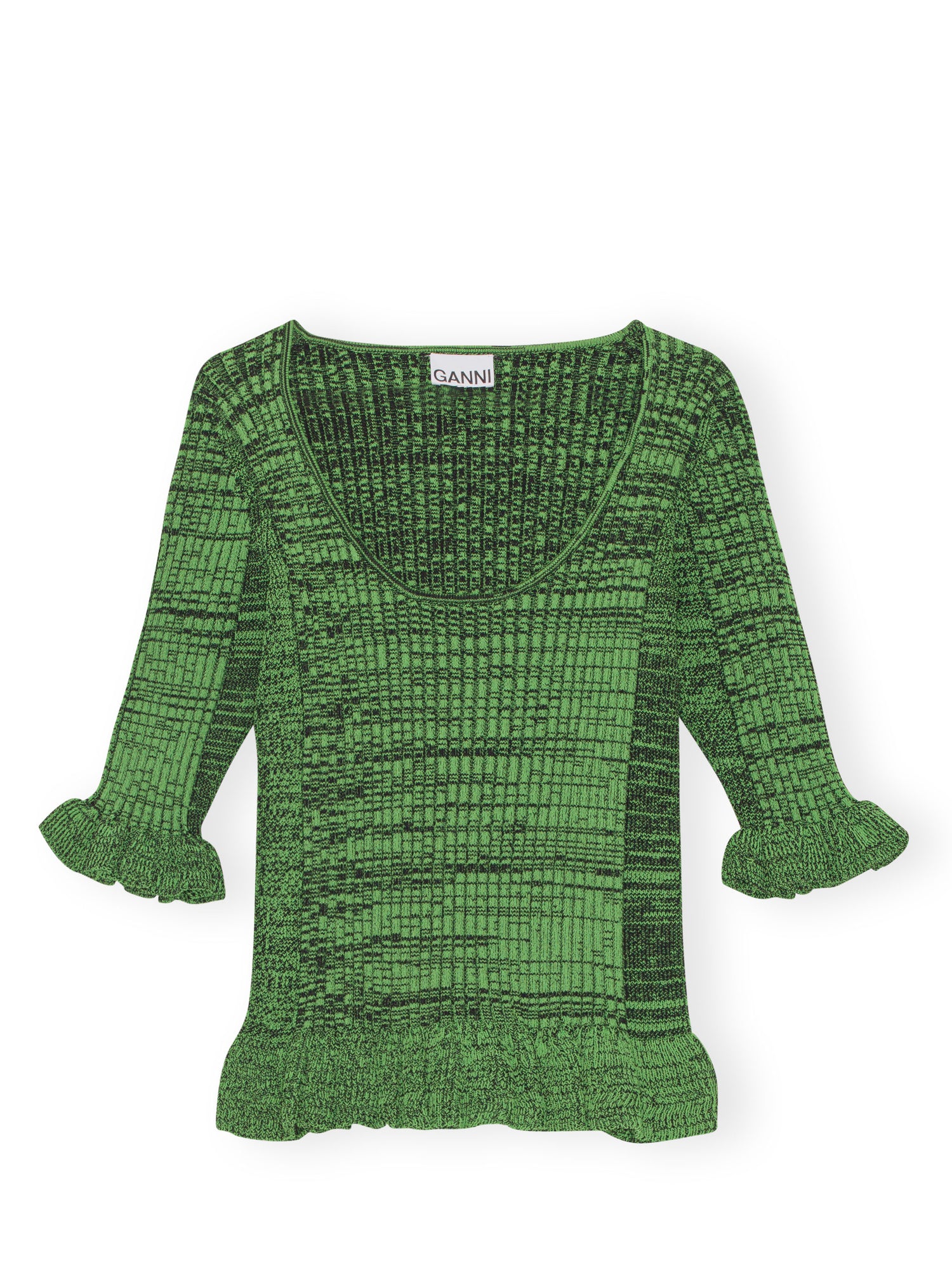 Speckle ribbed-knit ruffled top