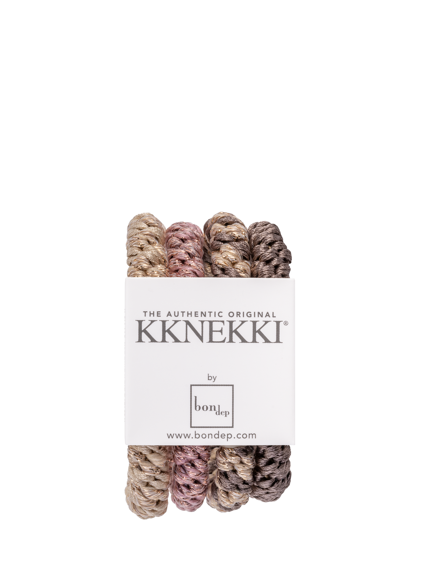 A bundle of four hair ties in gold, rose pink, brow-gold and brown, with the brand name KKNEKKI wrapped around a card.