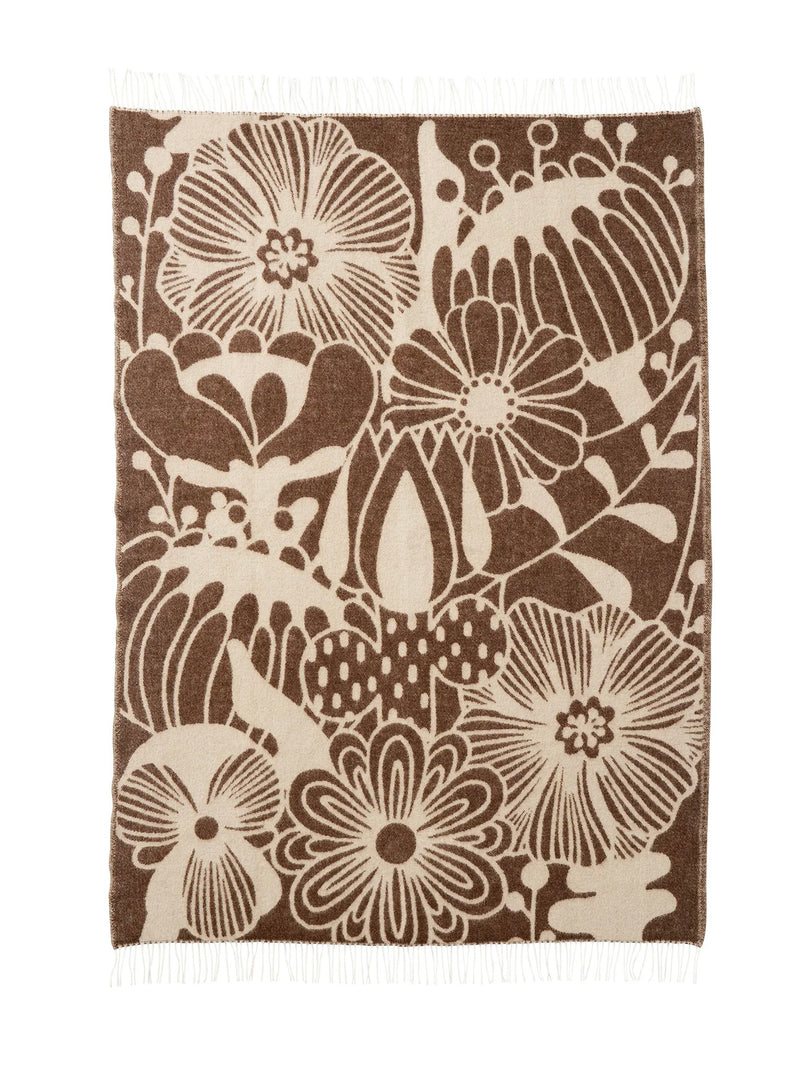Floral patterned throw with brown and beige colors on a white background