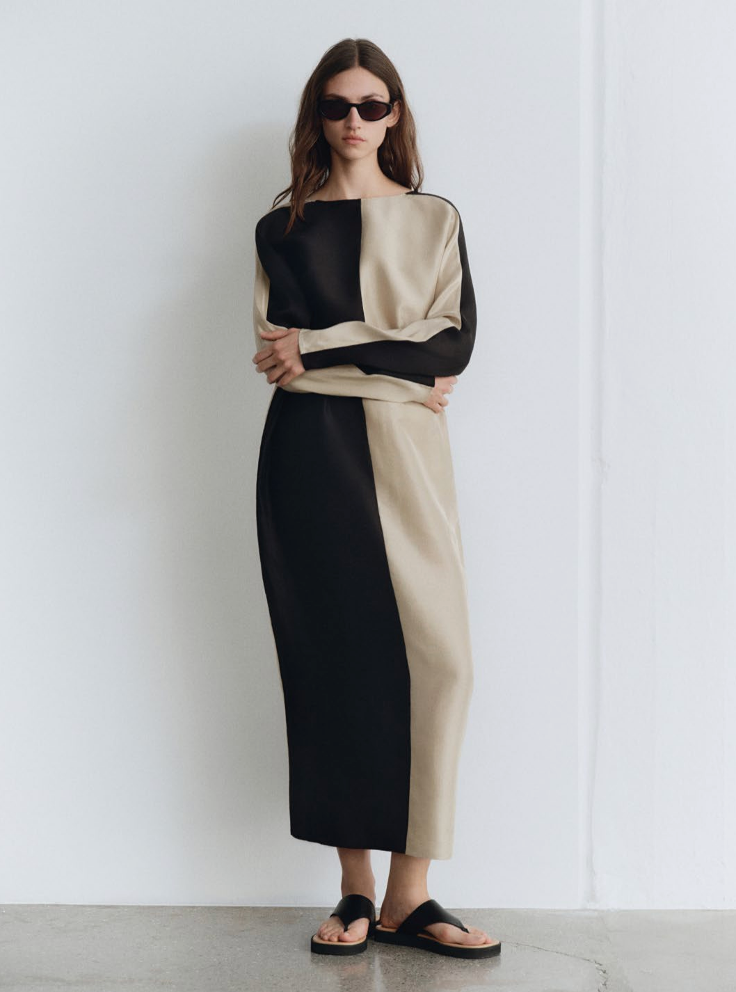 LUCINE colour-block silk dress, black-beige