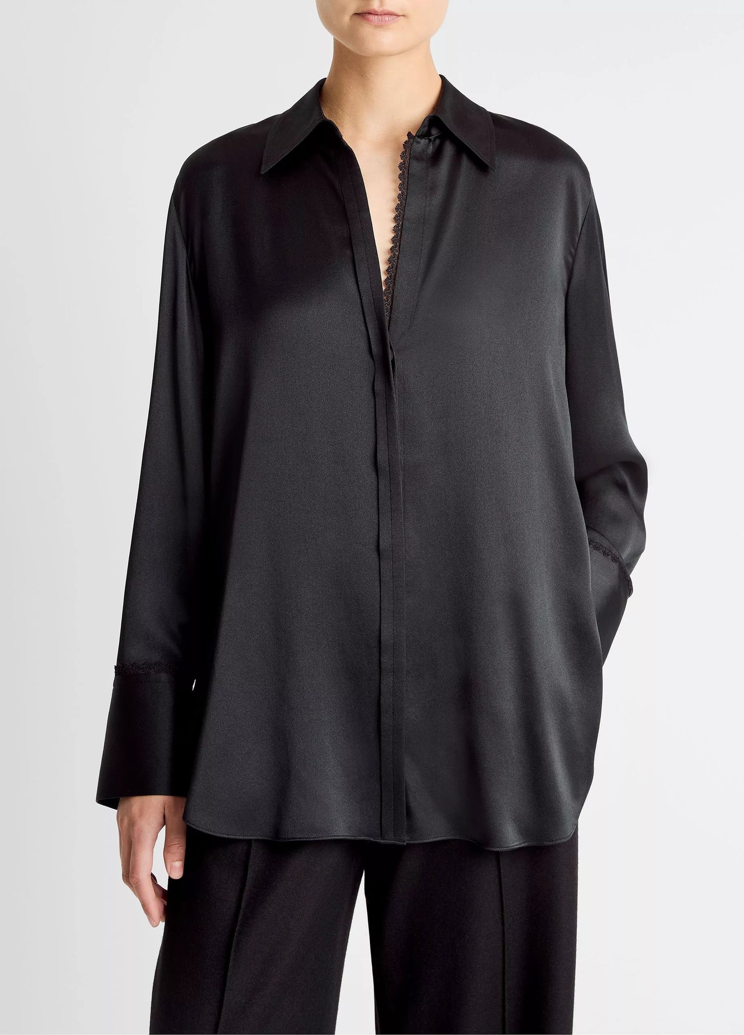 Lace Trim Silk Relaxed Shirt, black