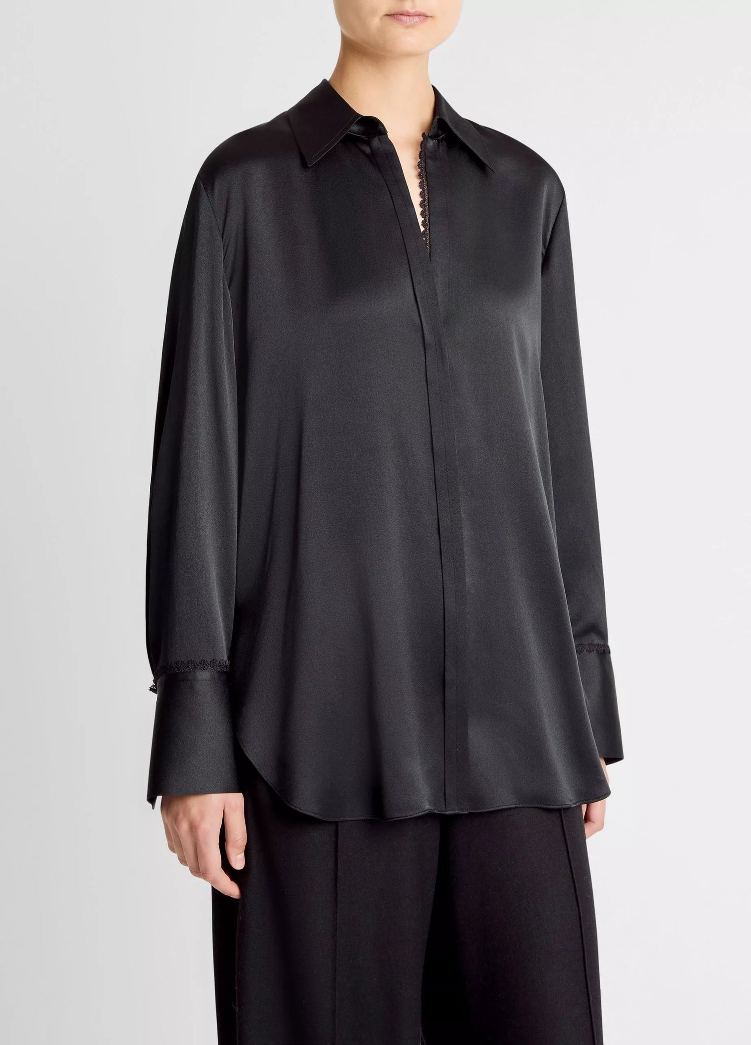 Lace Trim Silk Relaxed Shirt, black