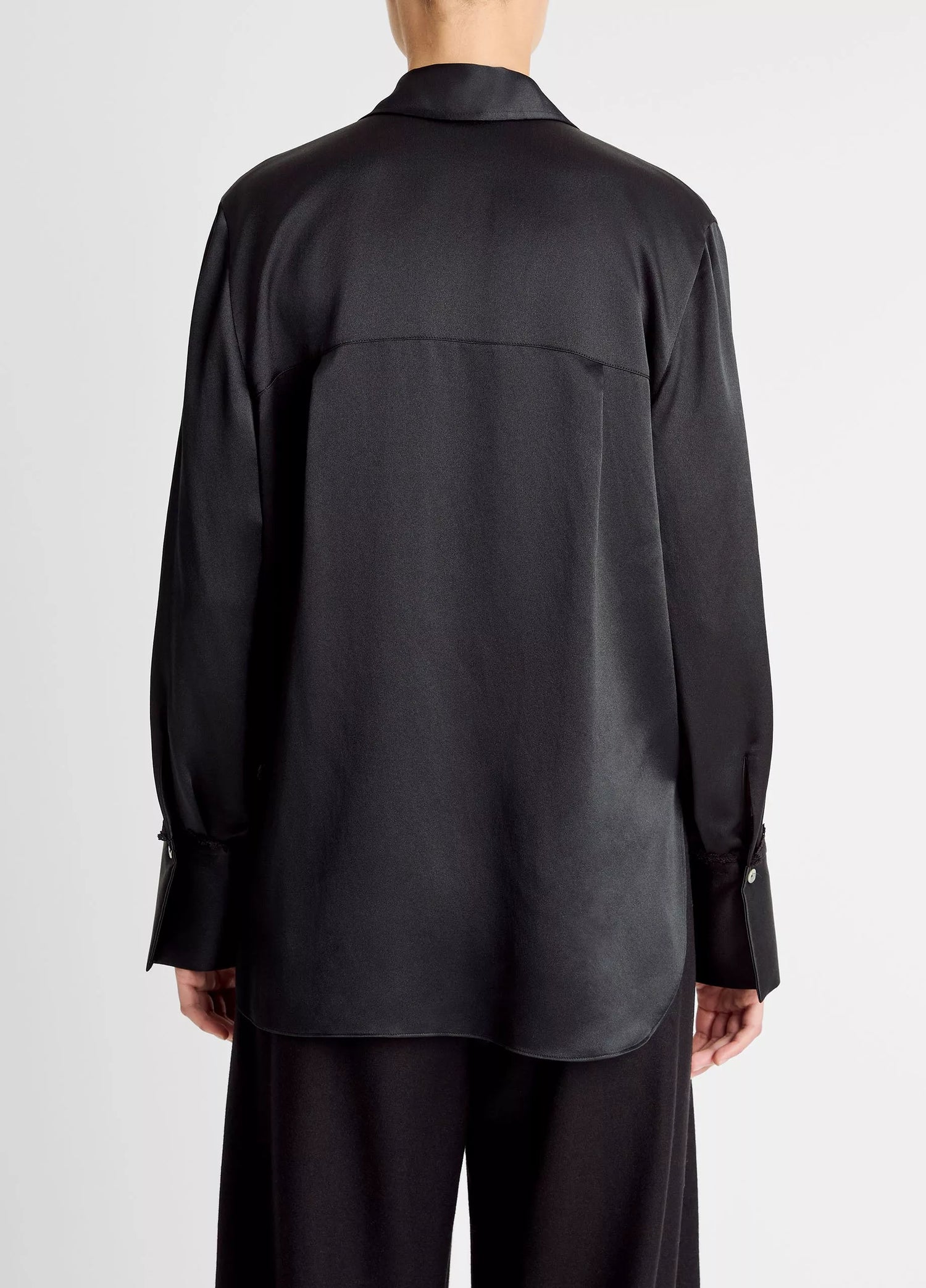 Lace Trim Silk Relaxed Shirt, black