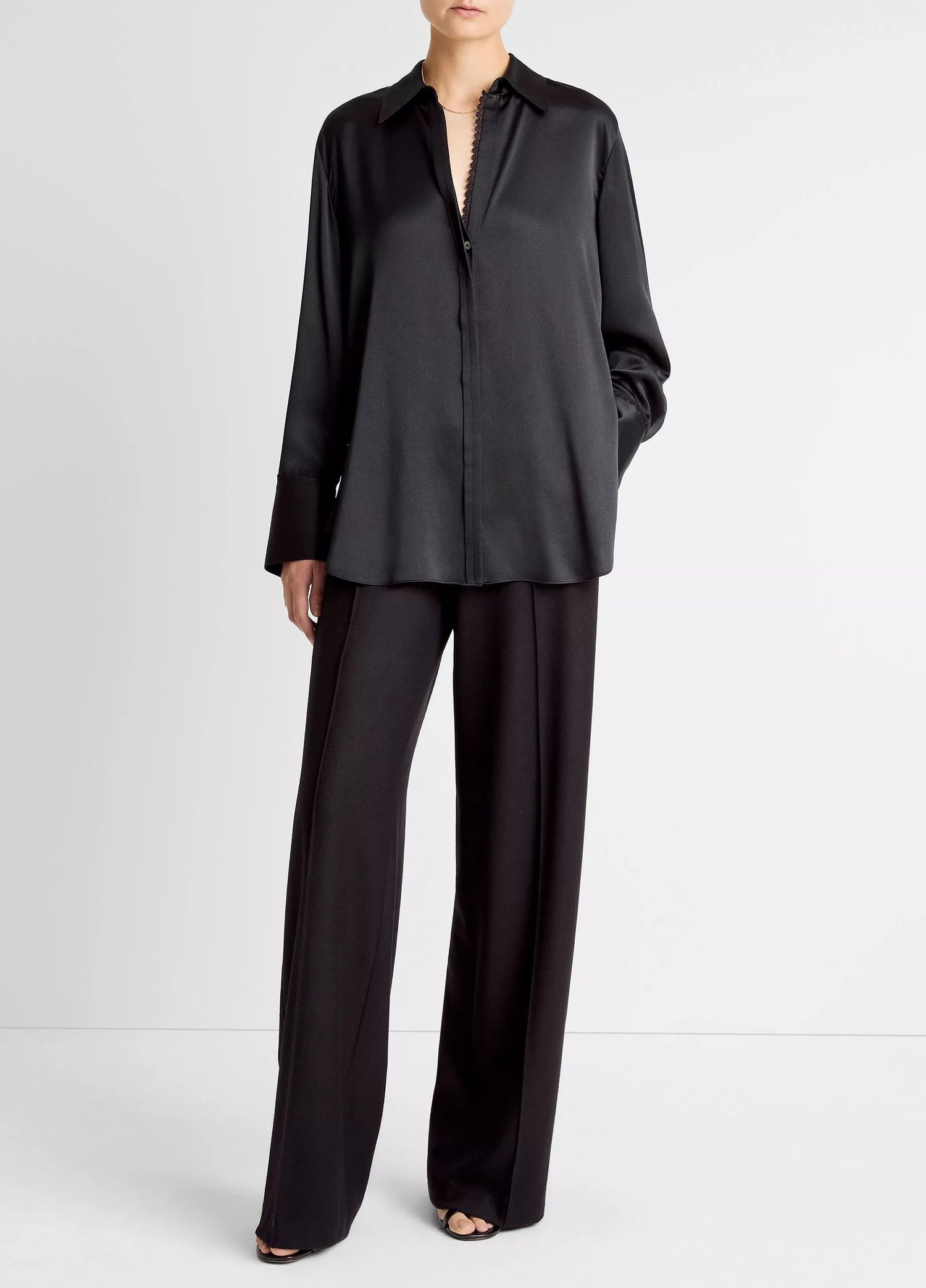Lace Trim Silk Relaxed Shirt, black