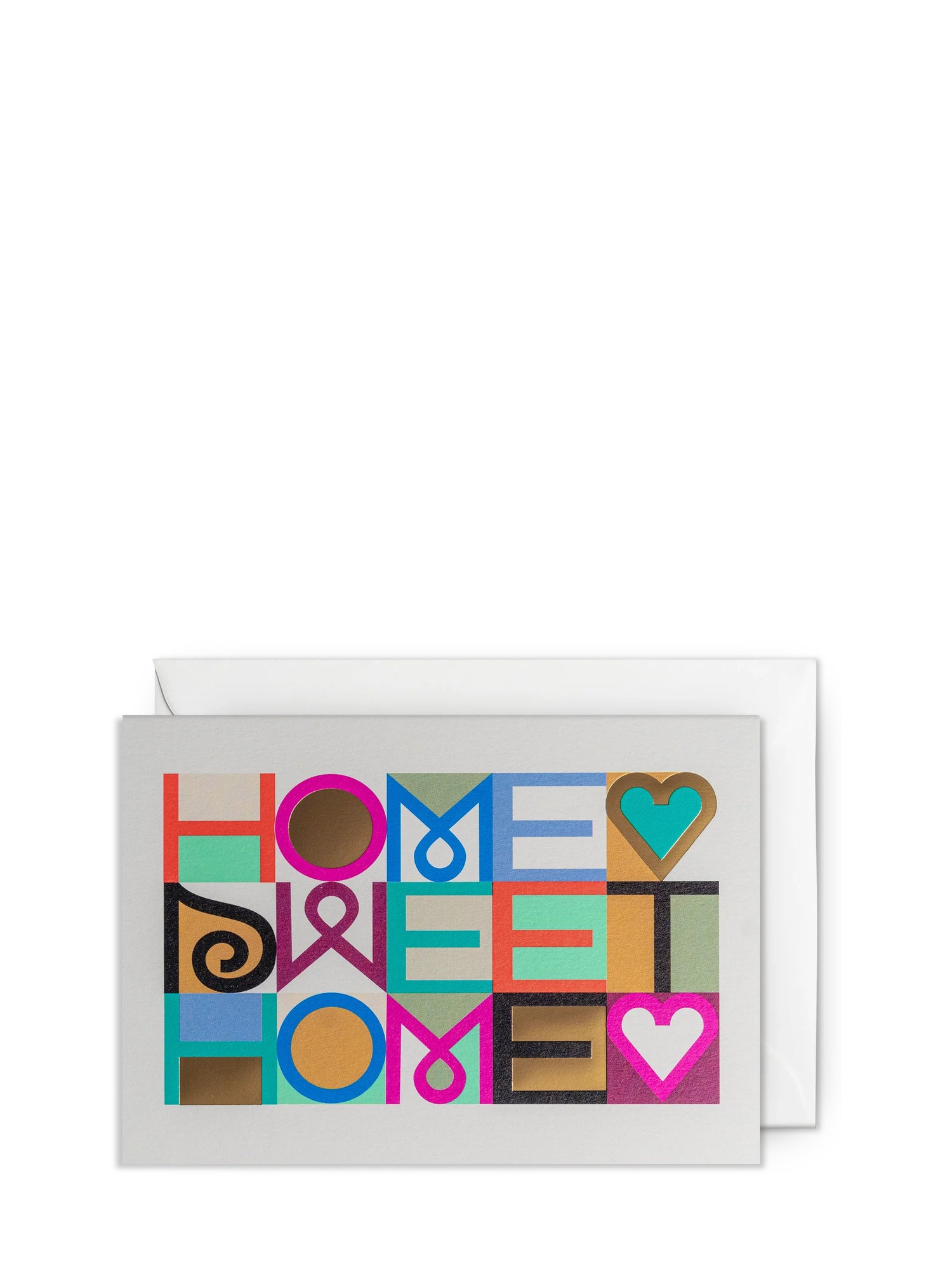 Greeting card with 'Home Sweet Home' text in colorful block letters on a white background