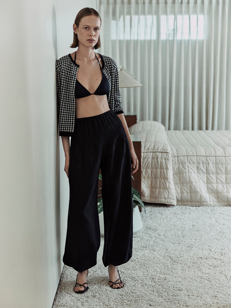 Gingham 3/4 sleeve knitted cardigan, black/white