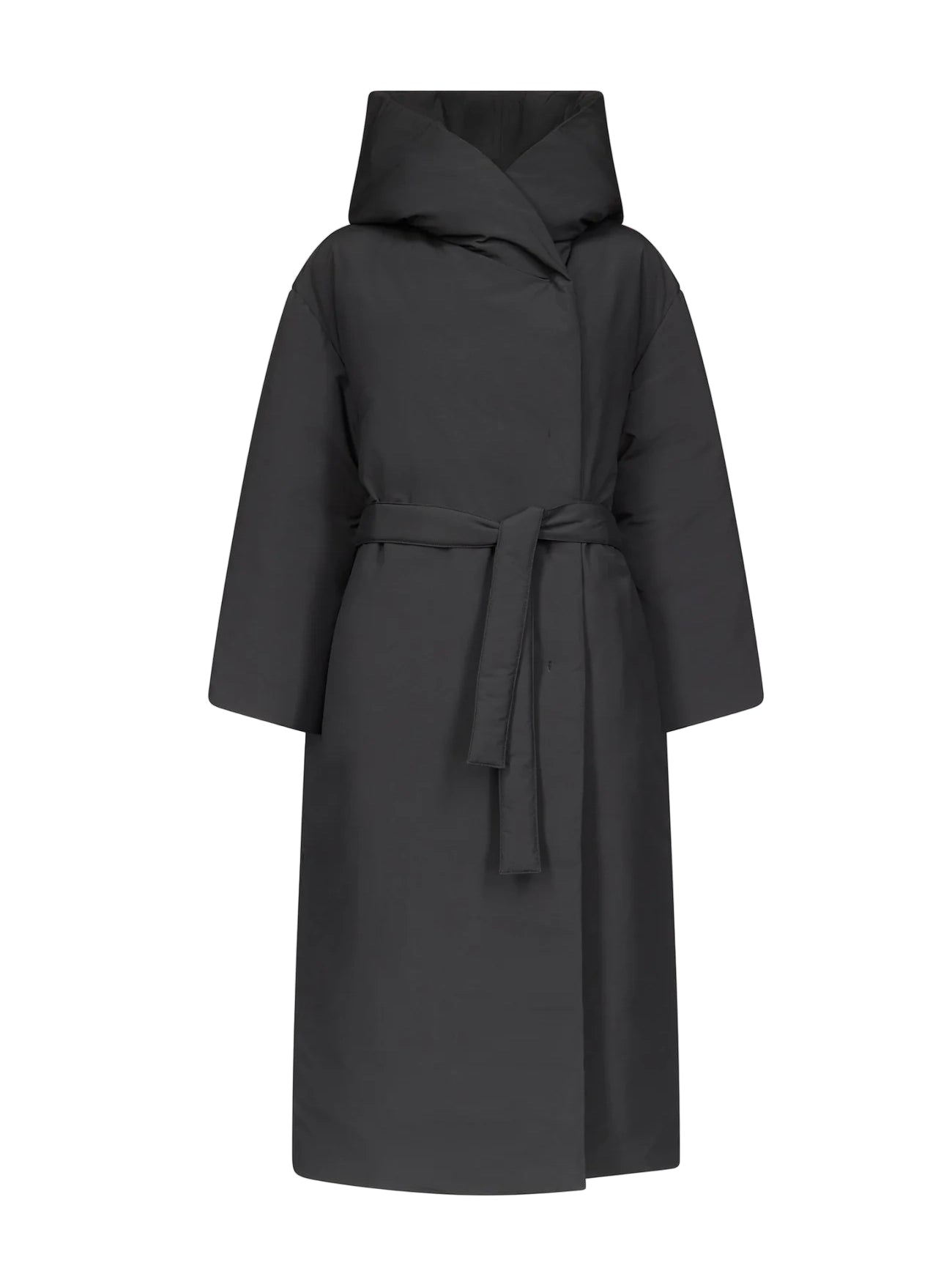 Doris long puffer jacket with hood and belt, black