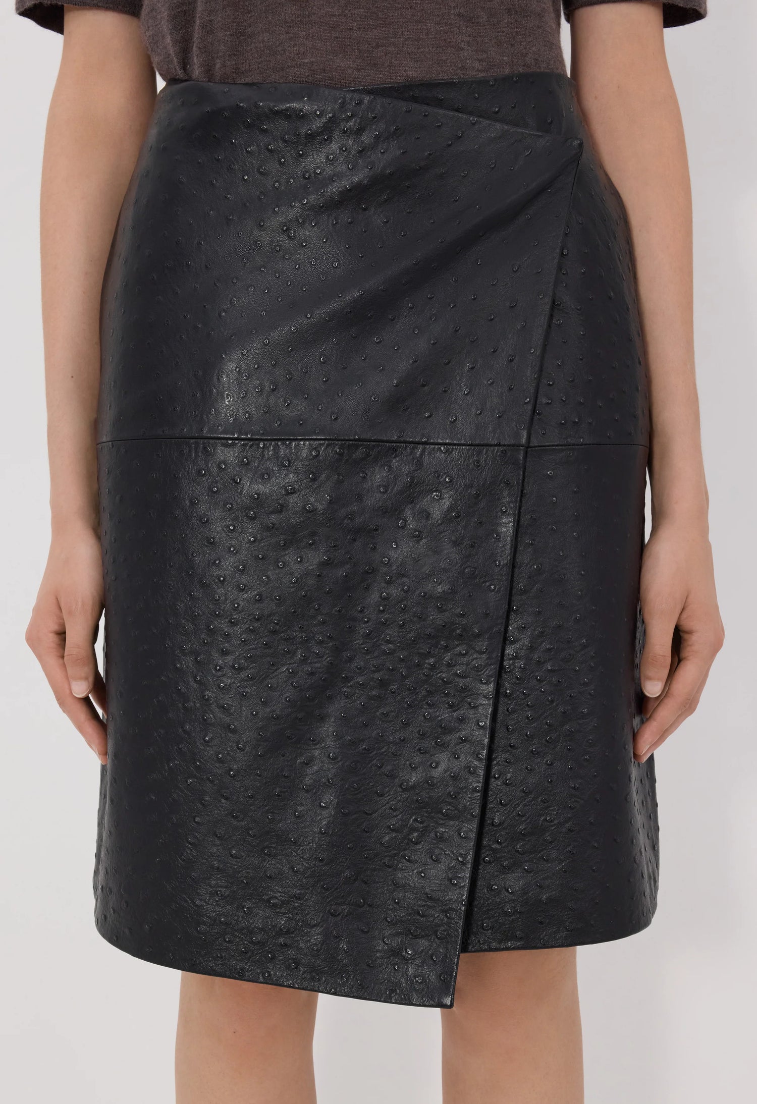 Gora ostrich-effect leather wrap skirt, black