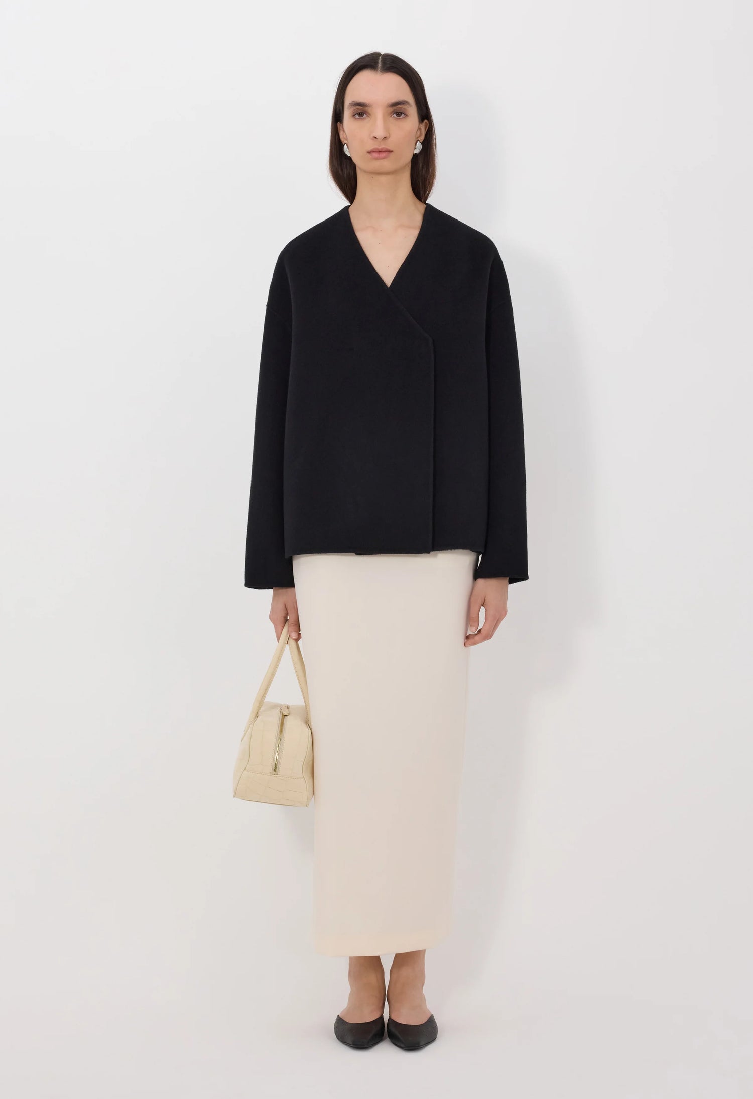 Maara asymmetric wool cashmere drap jacket, black