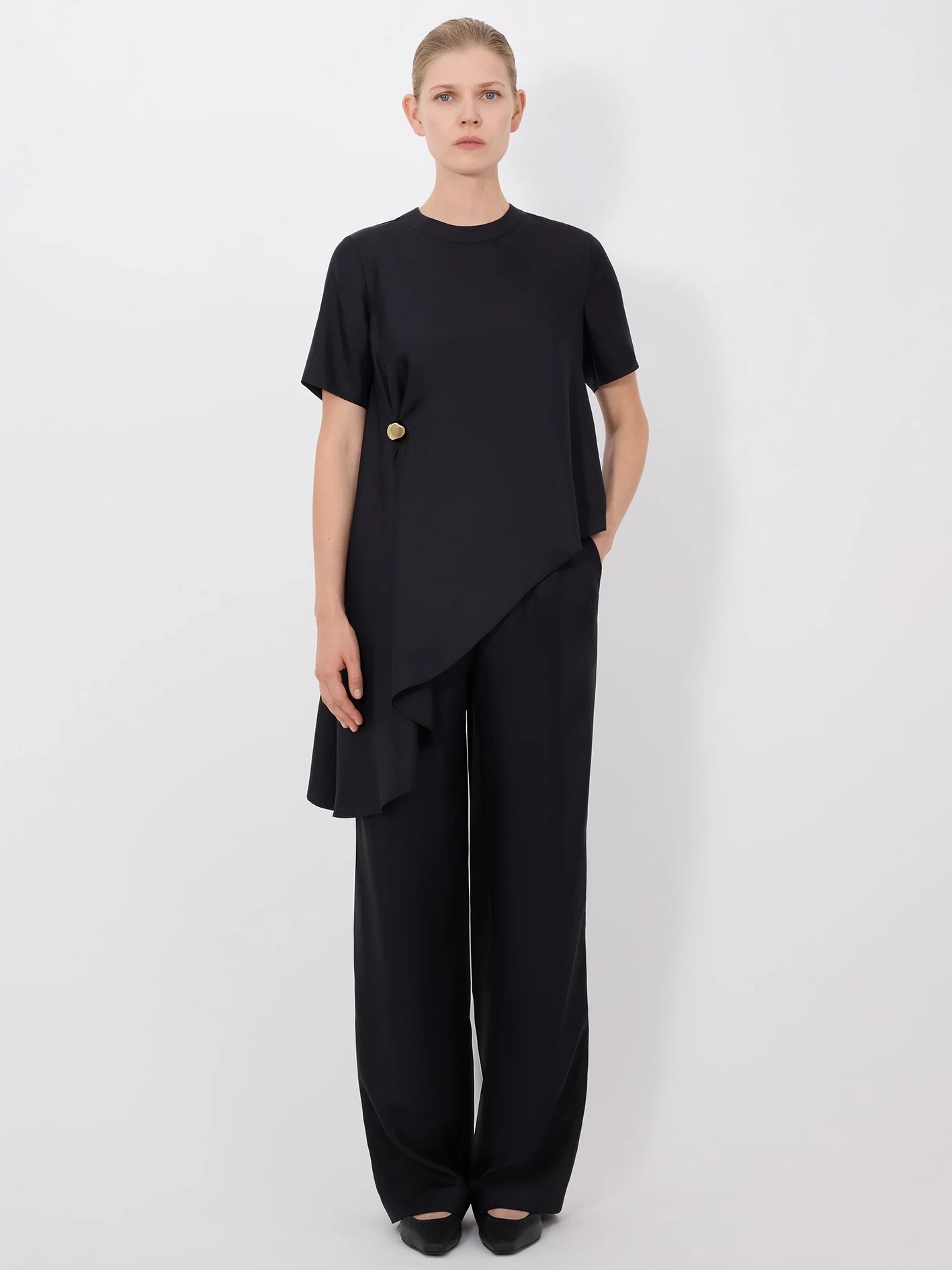 Madea asymmetric silk twill top, black