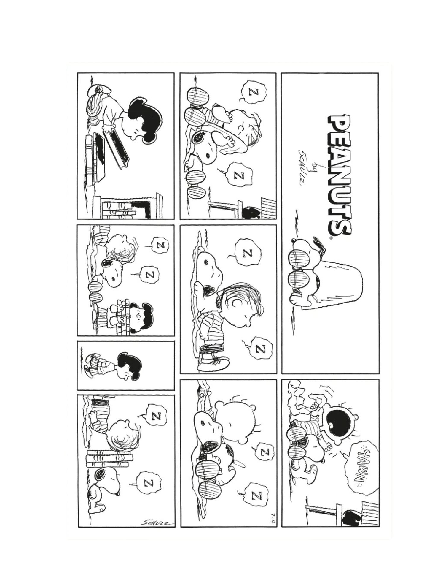 Comic strip from 'Peanuts' with multiple panels showing characters and Snoopy.