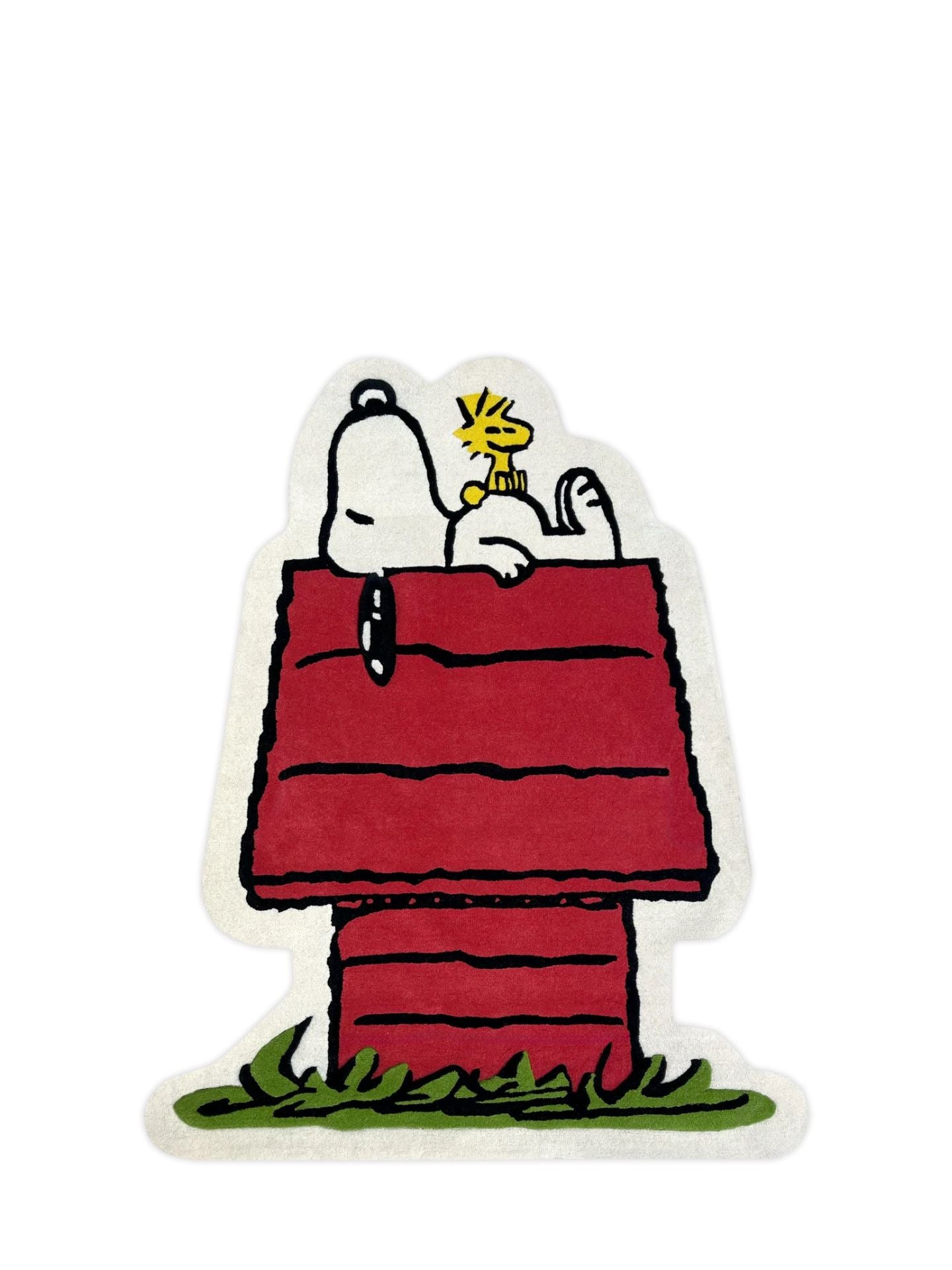 Cartoon character sleeping in a red house with a yellow doghouse on a white background