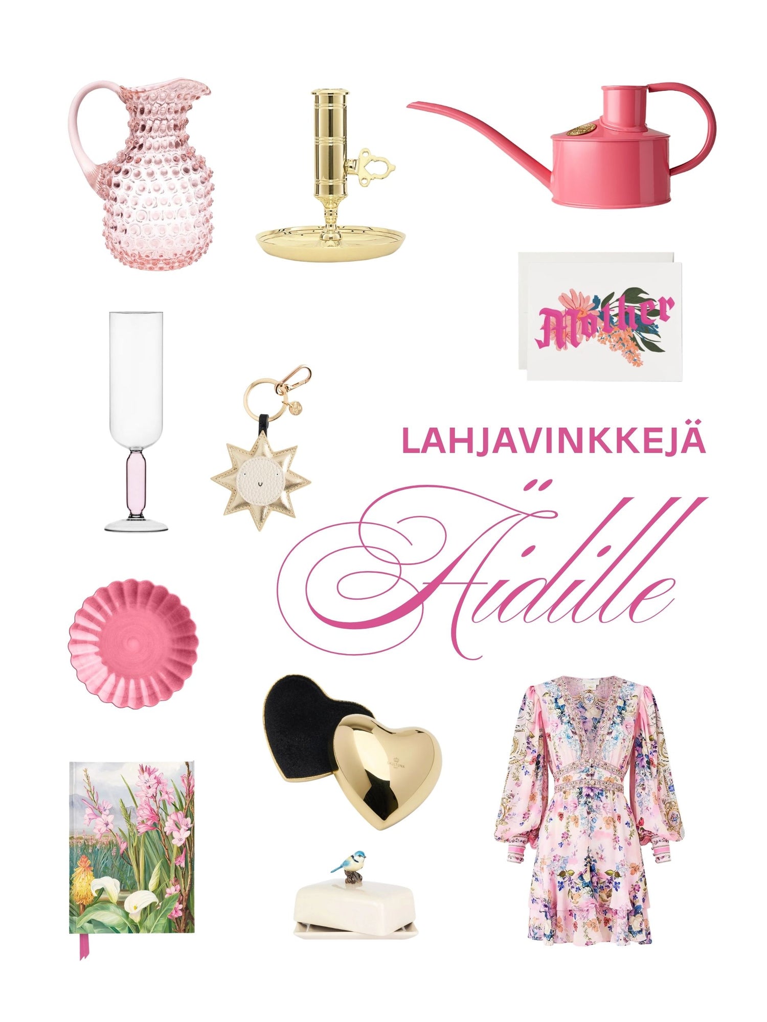 Collage of various items with text 'Lahjavinkkejä Aidille' on a white background