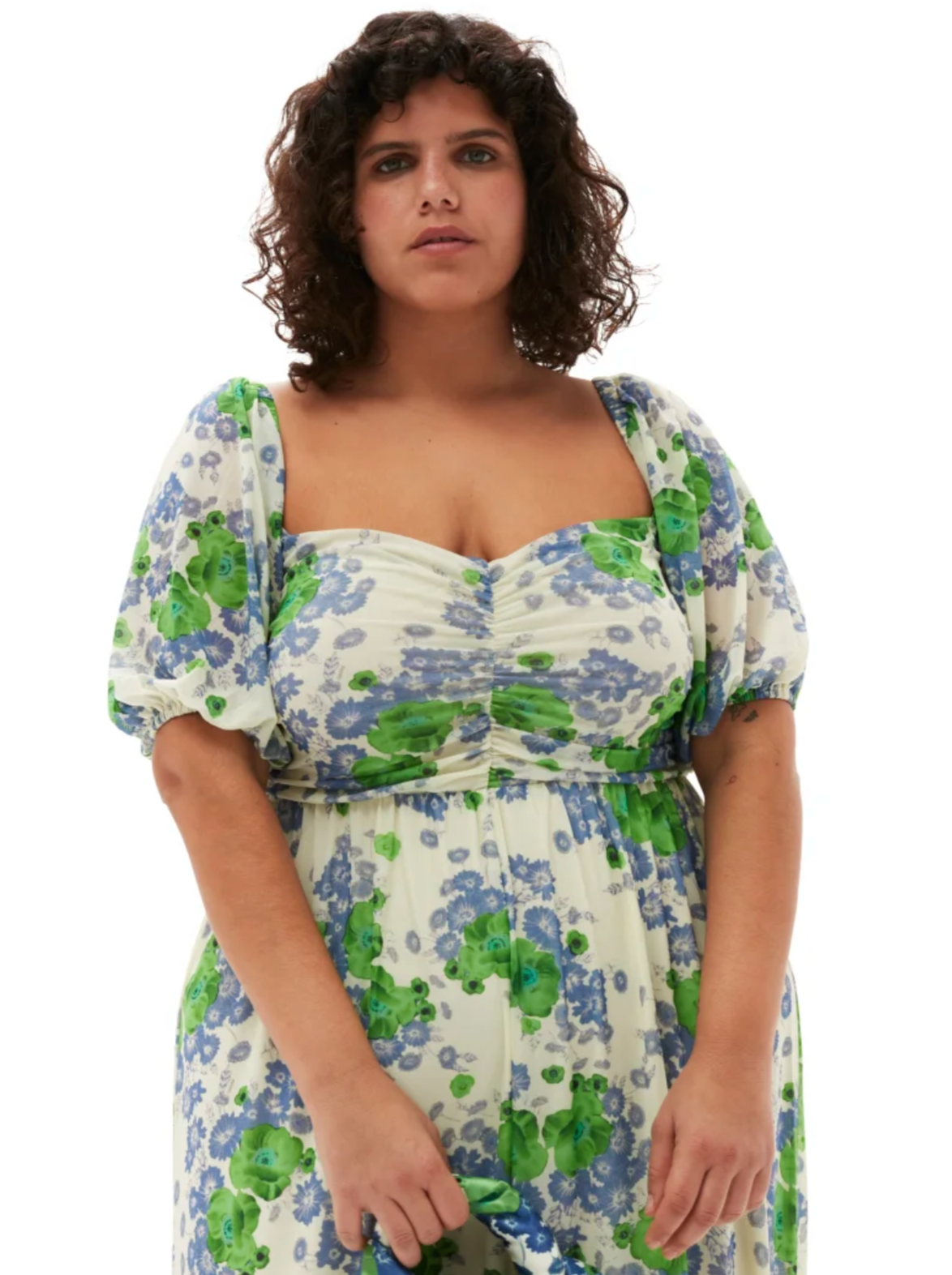 Printed Mesh Puff Sleeves Long Dress, egret
